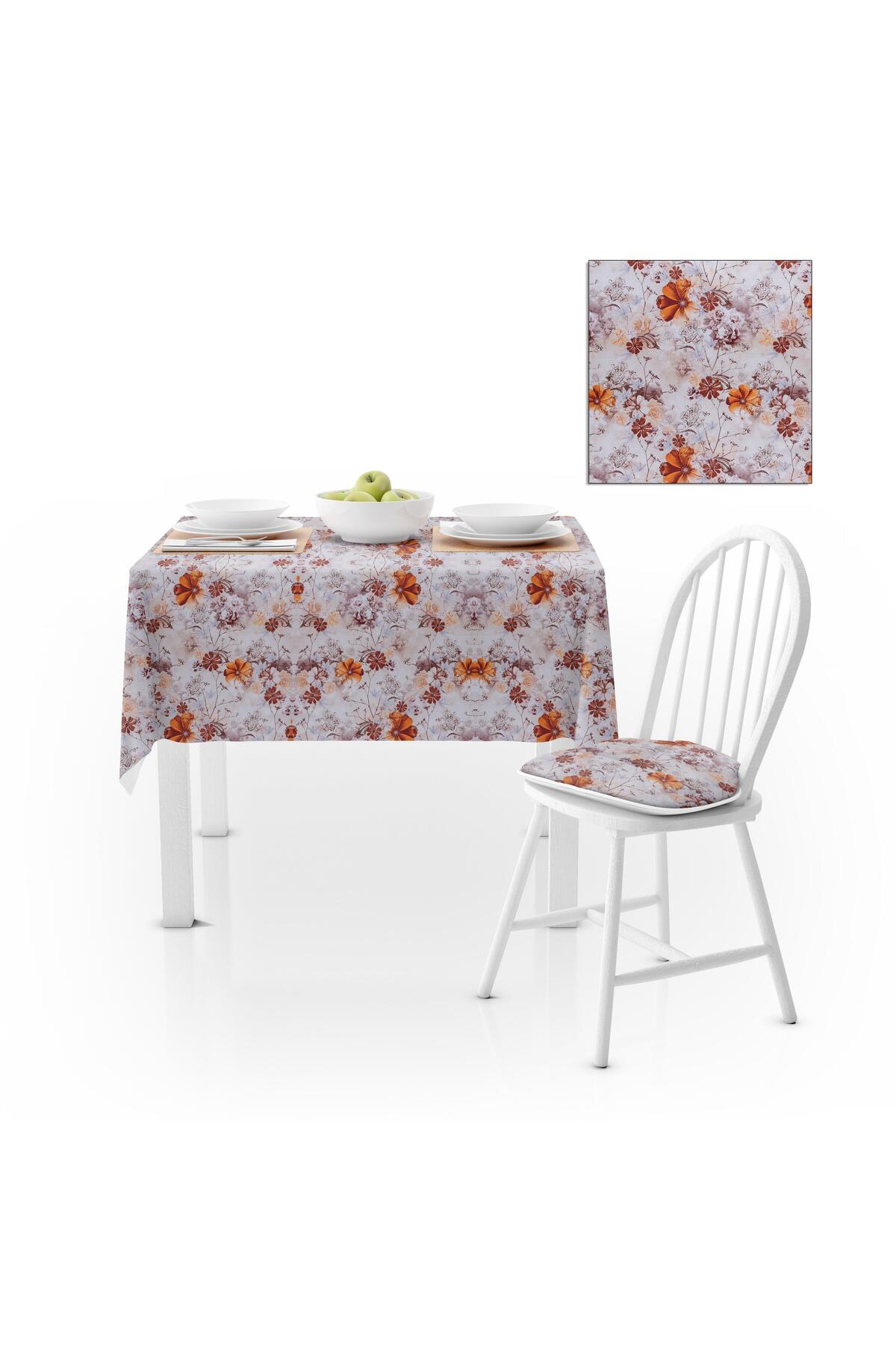 Renkli Çiçek Desenli Turuncu Kahve Kadife Dokulu 180X220 Masa Örtüsü