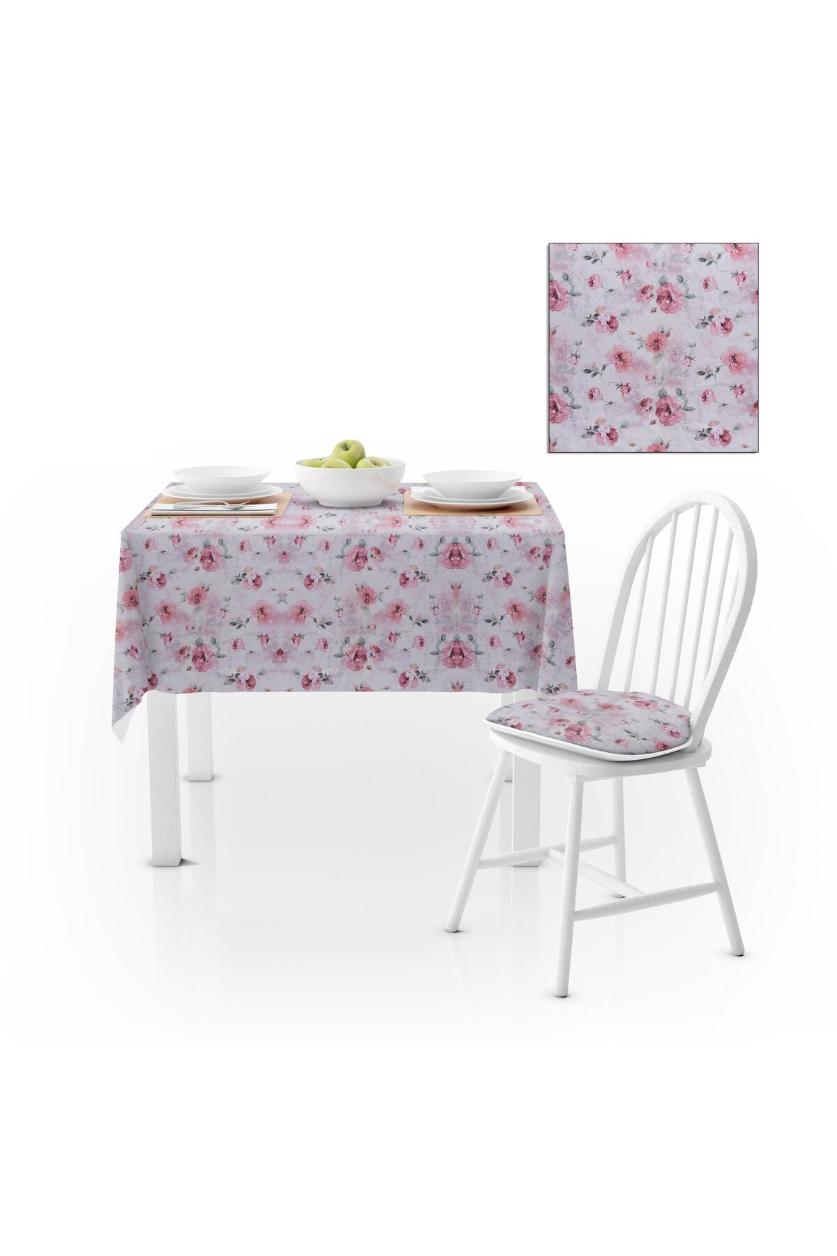 Renkli Desenli Beyaz Gül Kurusu Kadife Dokulu 180X260 Masa Örtüsü