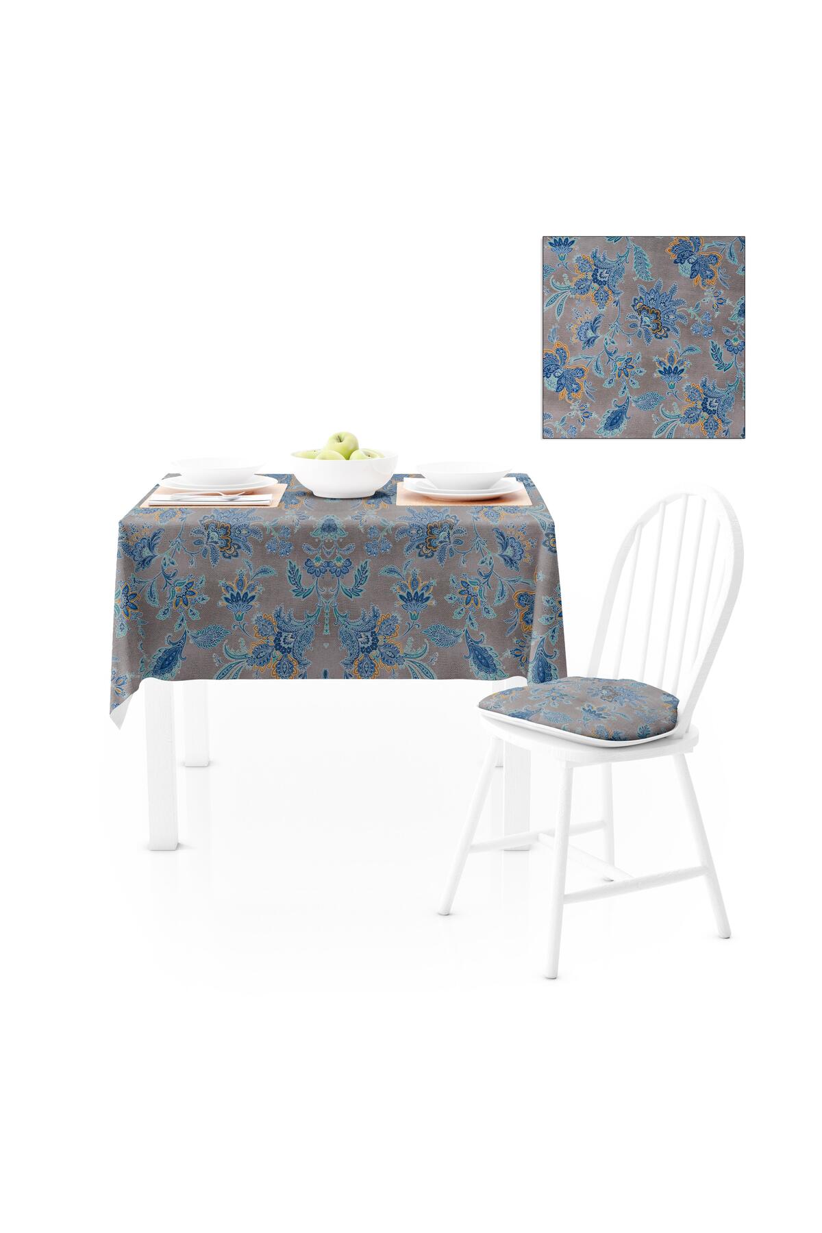 Renkli Desenli Koyu Vizon Zemin Mavi Turkuaz Dijital Baskılı Petek Dokuma Masa Örtüsü 140x180