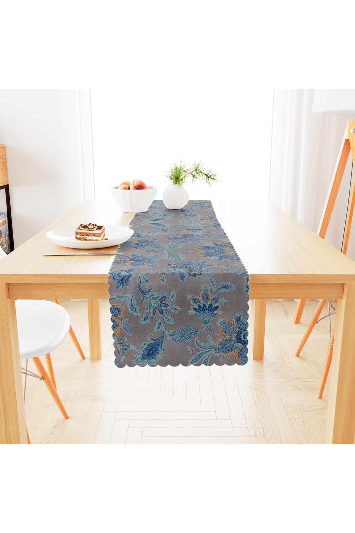 Renkli Desenli Koyu Vizon Zemin Mavi Turkuaz Dijital Baskılı Petek Dokuma Runner 40x140