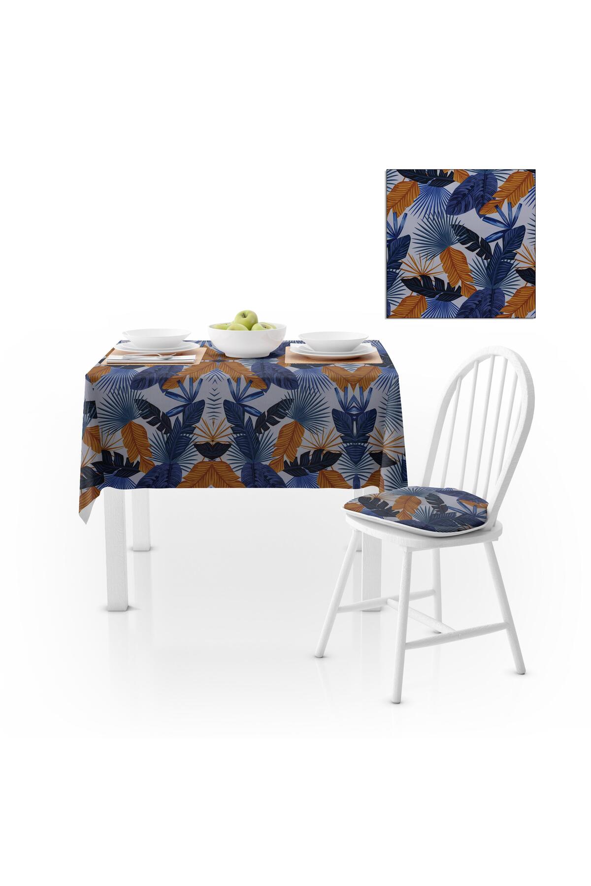 Renkli Desenli Modern Lacivert Taba Dijital Baskılı Petek Dokuma Masa Örtüsü 140x260