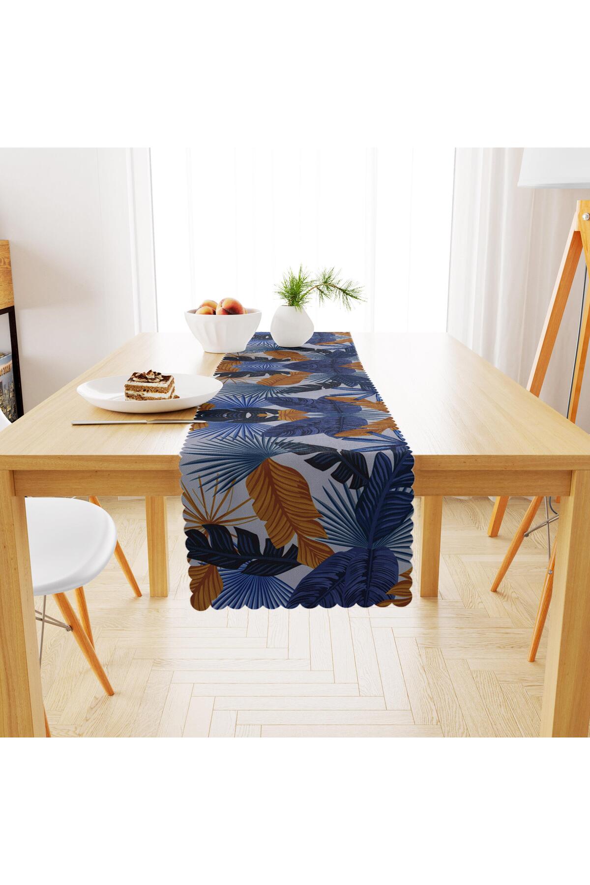 Renkli Desenli Modern Lacivert Taba Dijital Baskılı Petek Dokuma Runner 40x140