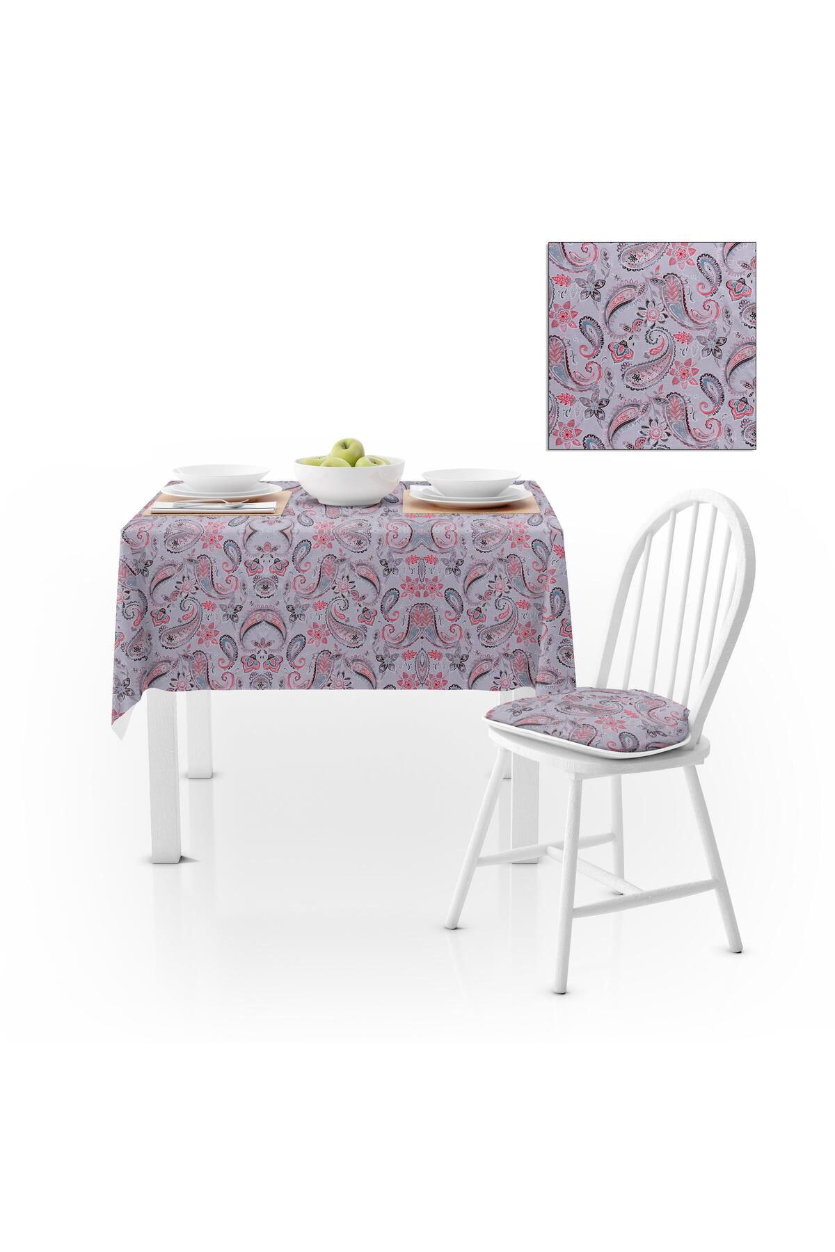 Şal Desenli Gri Kırmızı Kadife Dokulu 180X220 Masa Örtüsü