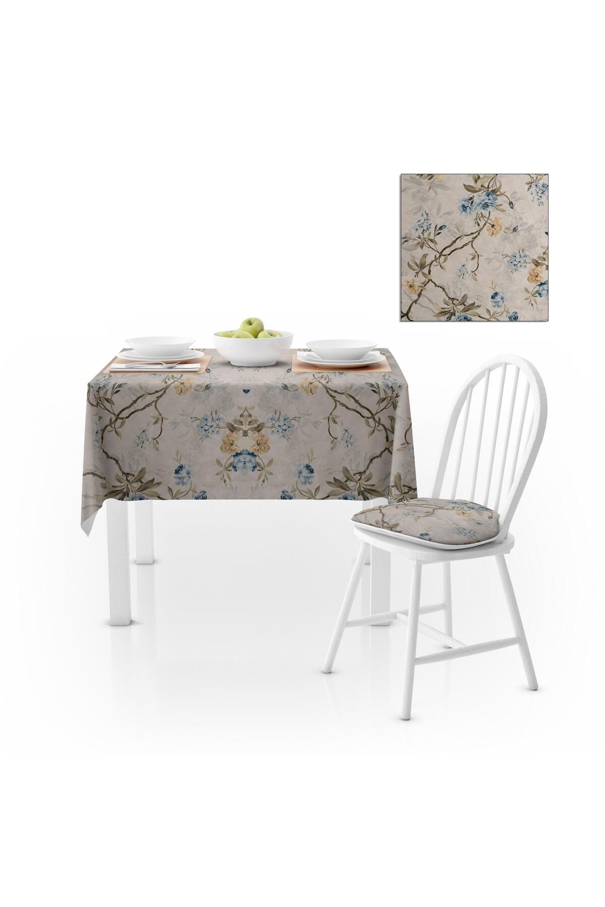 Sarmaşık Çiçek Desenli Gri Zemin Mavi Tarçın Dijital Baskılı Petek Dokuma Masa Örtüsü 140x220
