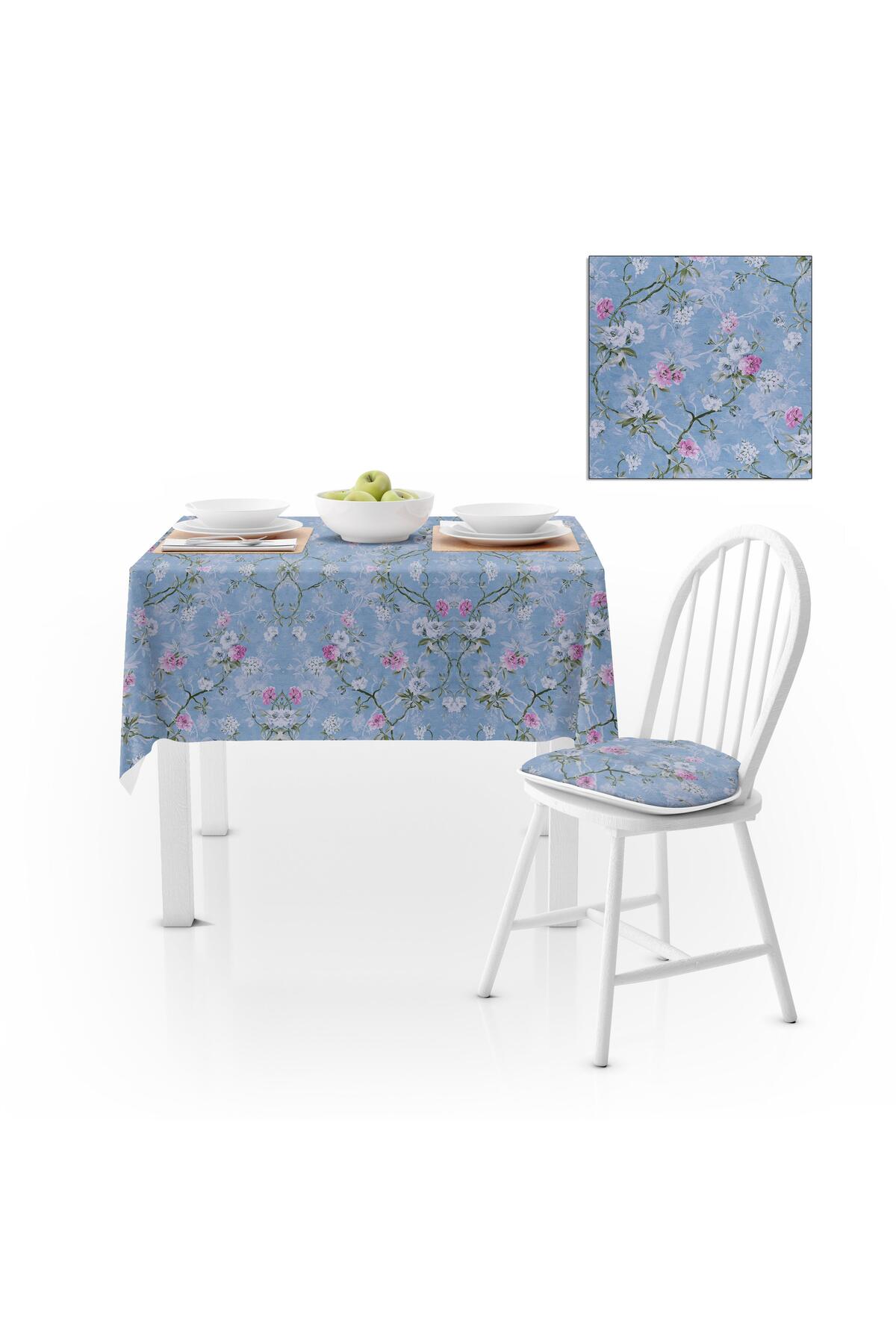 Sarmaşık Çiçek Desenli Mavi Pembe Kadife Dokulu 180X260 Masa Örtüsü