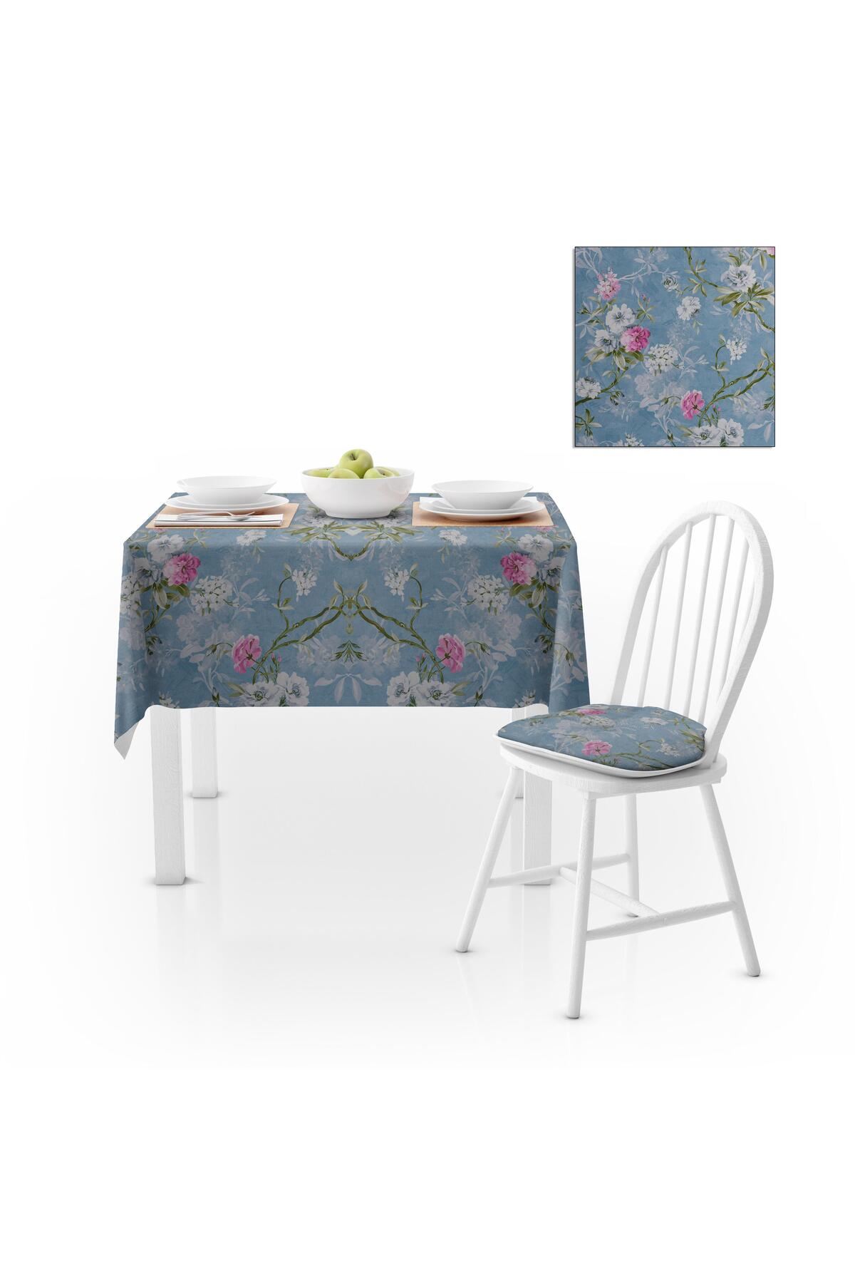Sarmaşık Çiçek Desenli Mavi Zemin Pembe Dijital Baskılı Petek Dokuma Masa Örtüsü 140x180