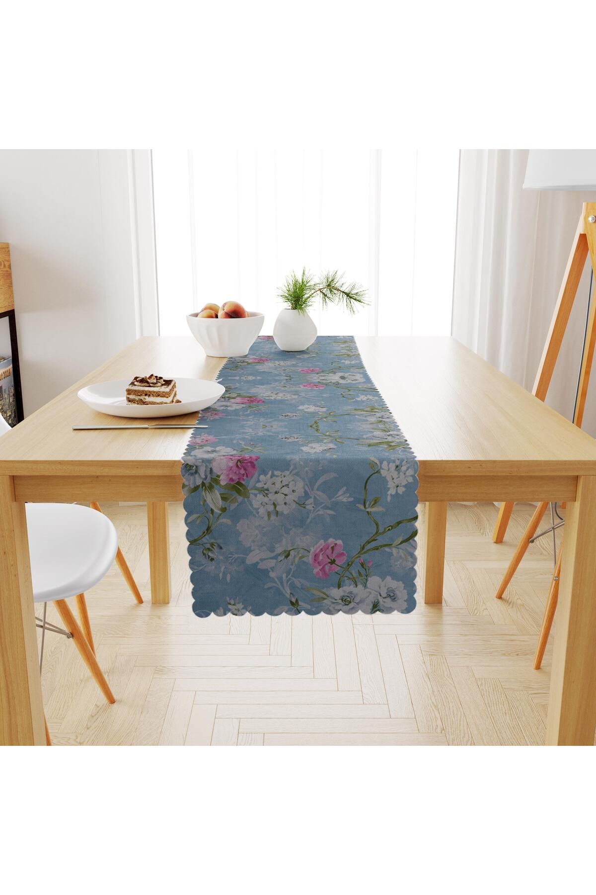 Sarmaşık Çiçek Desenli Mavi Zemin Pembe Dijital Baskılı Petek Dokuma Runner 40x140