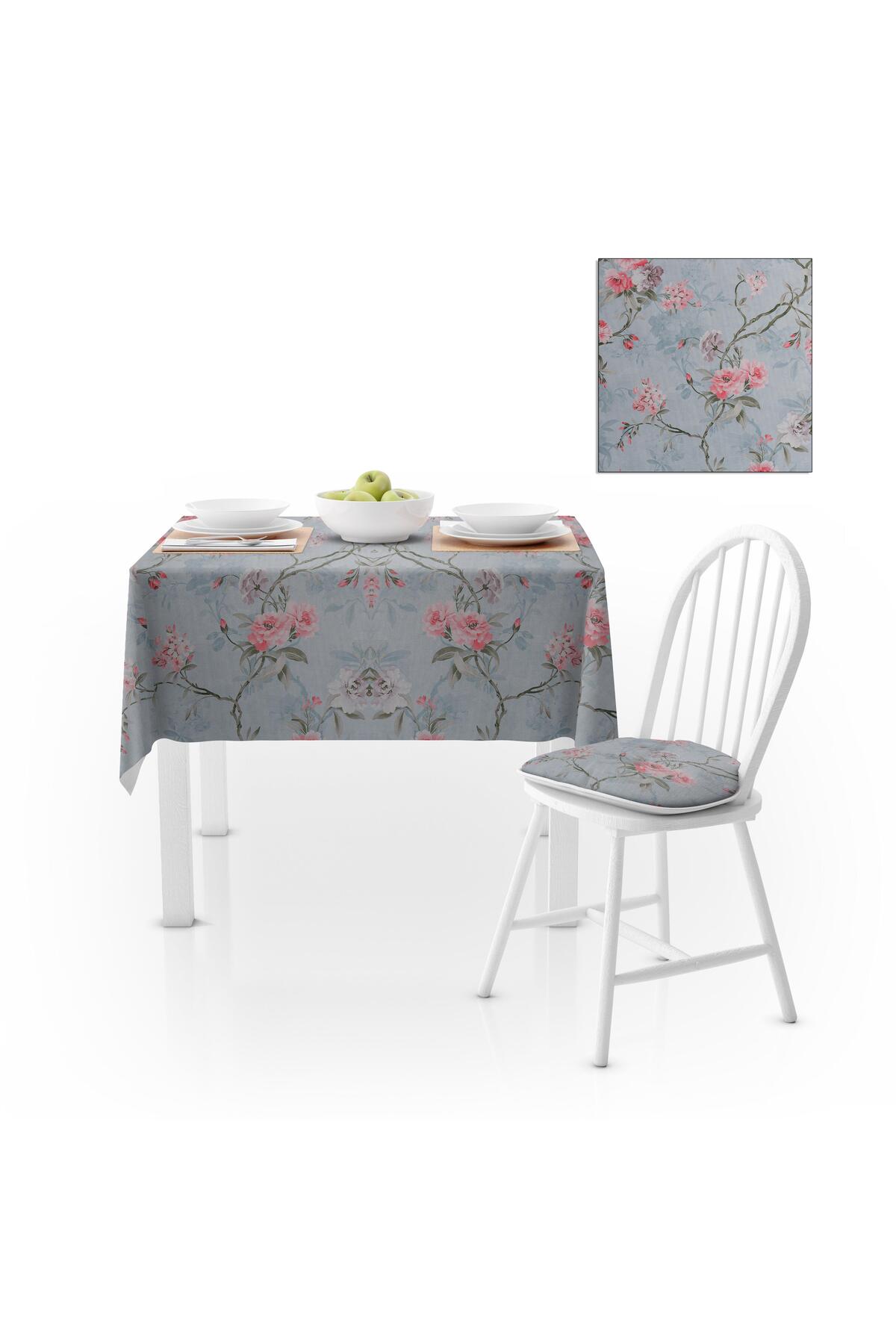 Sarmaşık Çiçek Desenli Mint Zemin Pembe Dijital Baskılı Petek Dokuma Masa Örtüsü 140x180