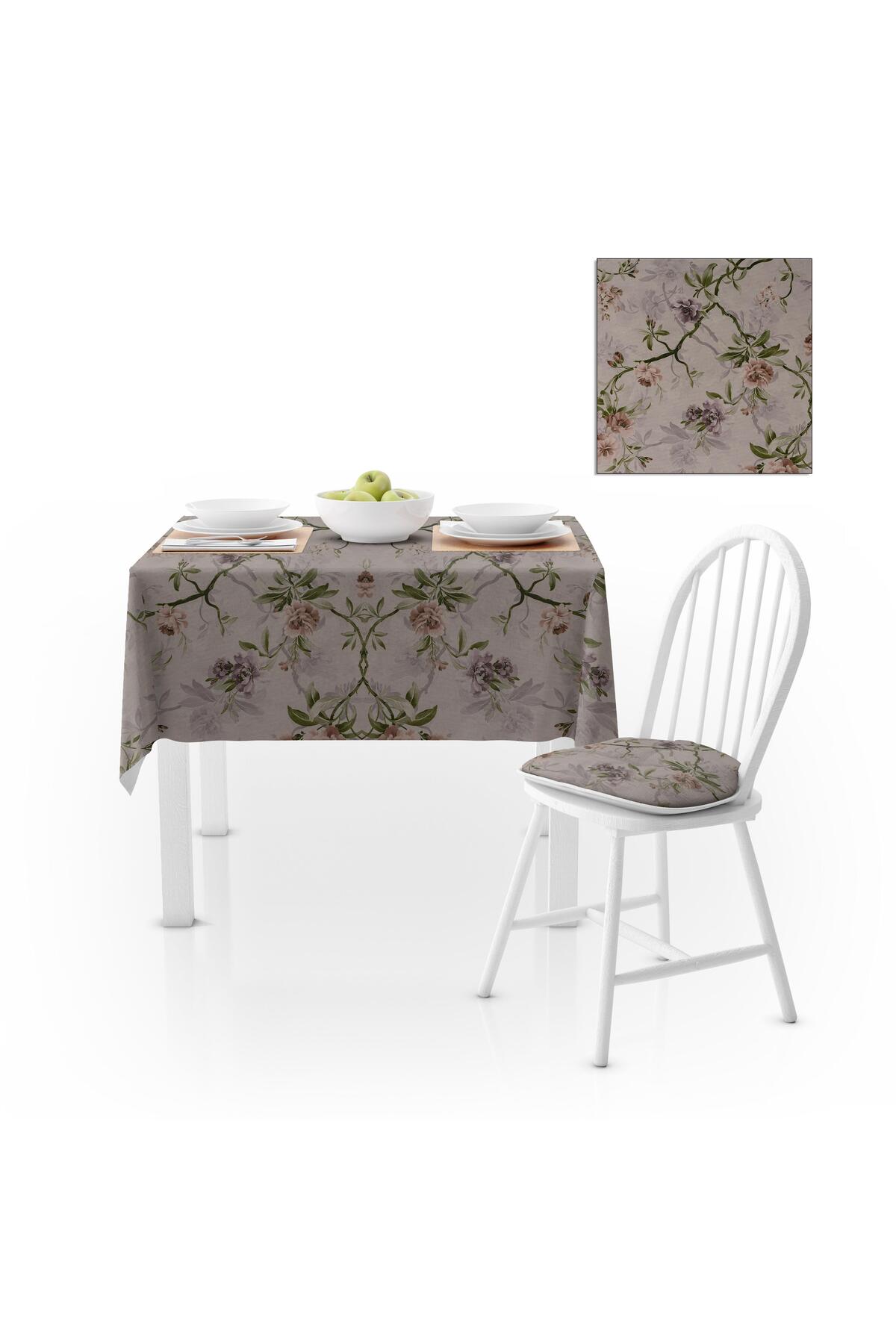 Sarmaşık Çiçek Desenli Vizon Zemin Yeşil Yaprak Dijital Baskılı Petek Dokuma Masa Örtüsü 140x260