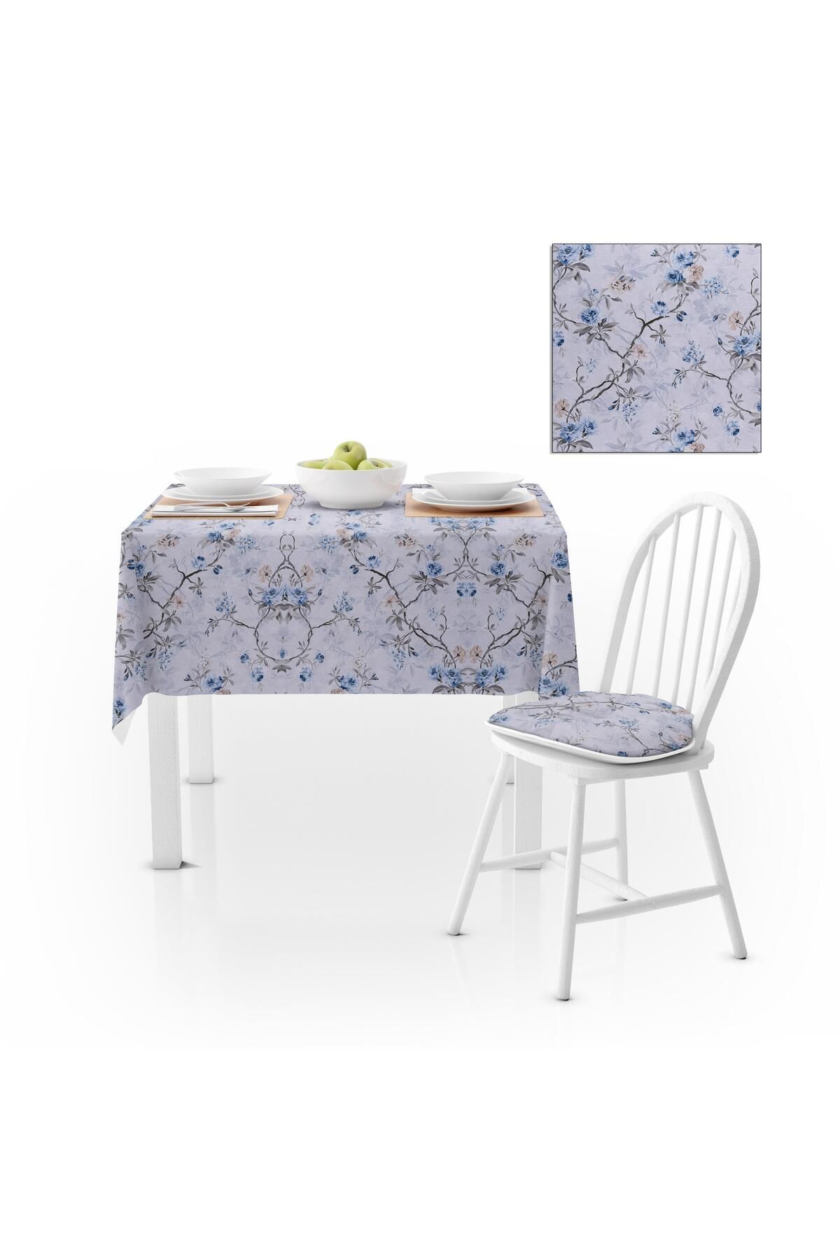 Sarmaşık Desenli Çiçekli Gri Mavi Tarçın Kadife Dokulu 180X220 Masa Örtüsü