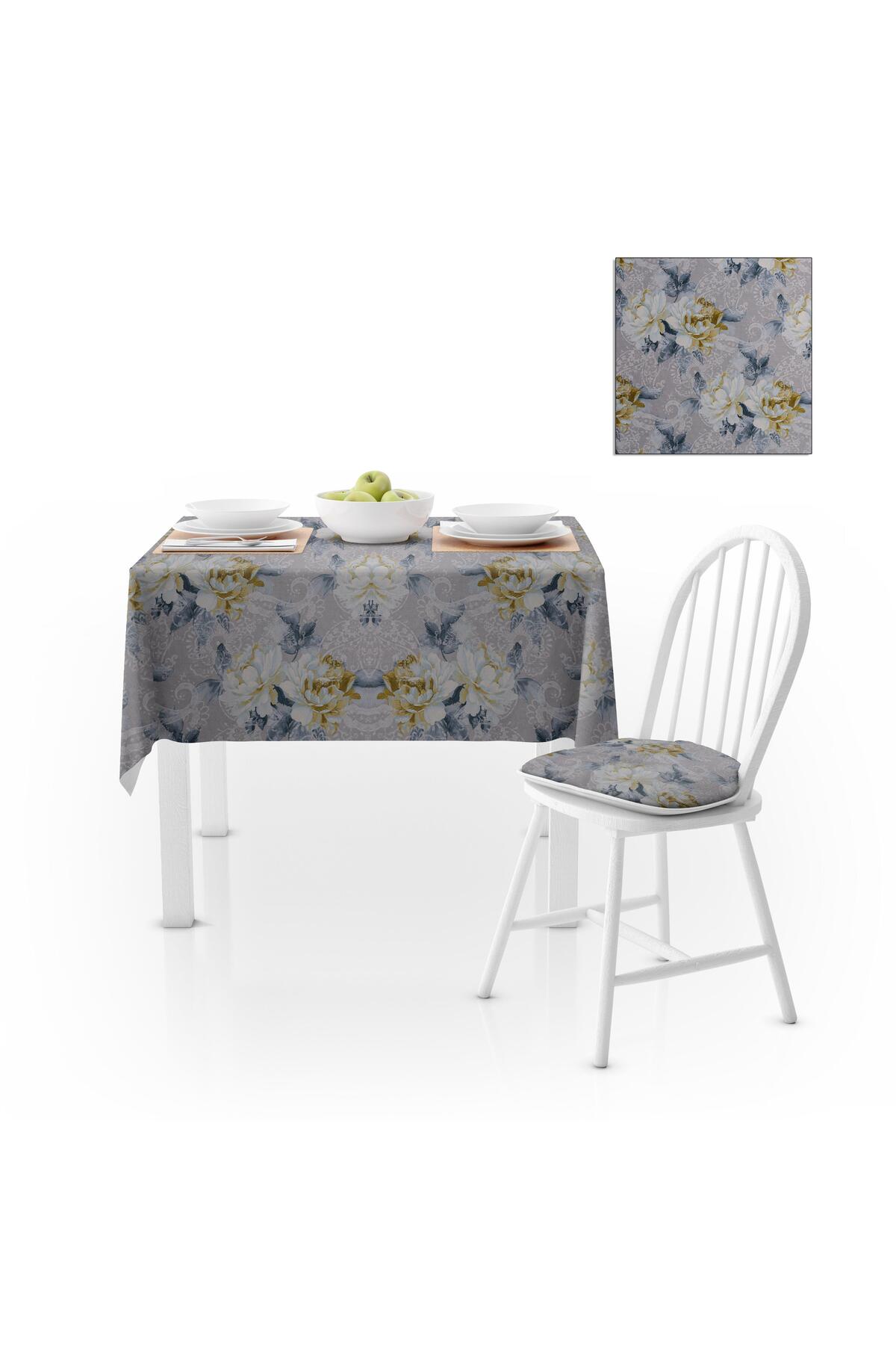 Sarmaşık Desenli Gri Zemin Hardal Krem Dijital Baskılı Petek Dokuma Masa Örtüsü 140x140