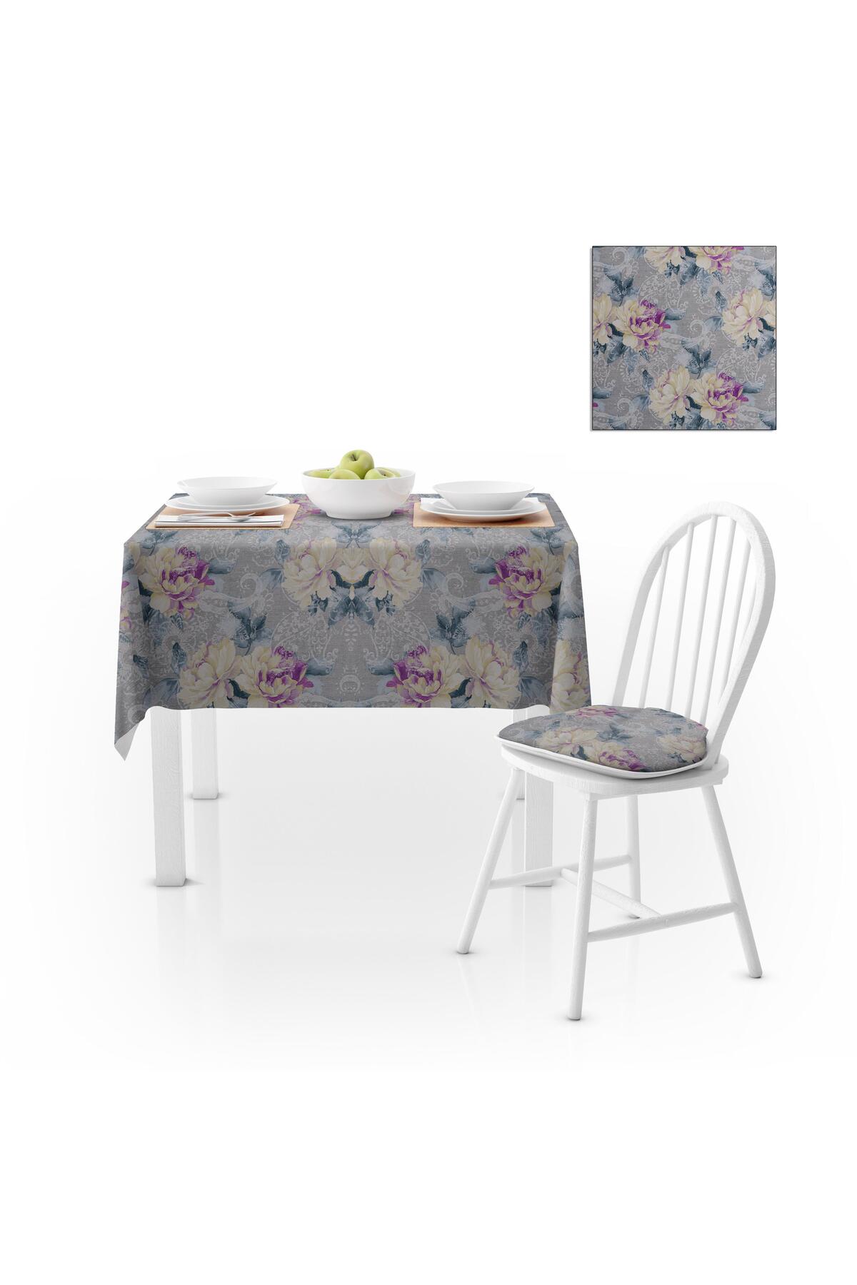 Sarmaşık Desenli Gri Zemin Mor Antrasit Dijital Baskılı Petek Dokuma Masa Örtüsü 140x220