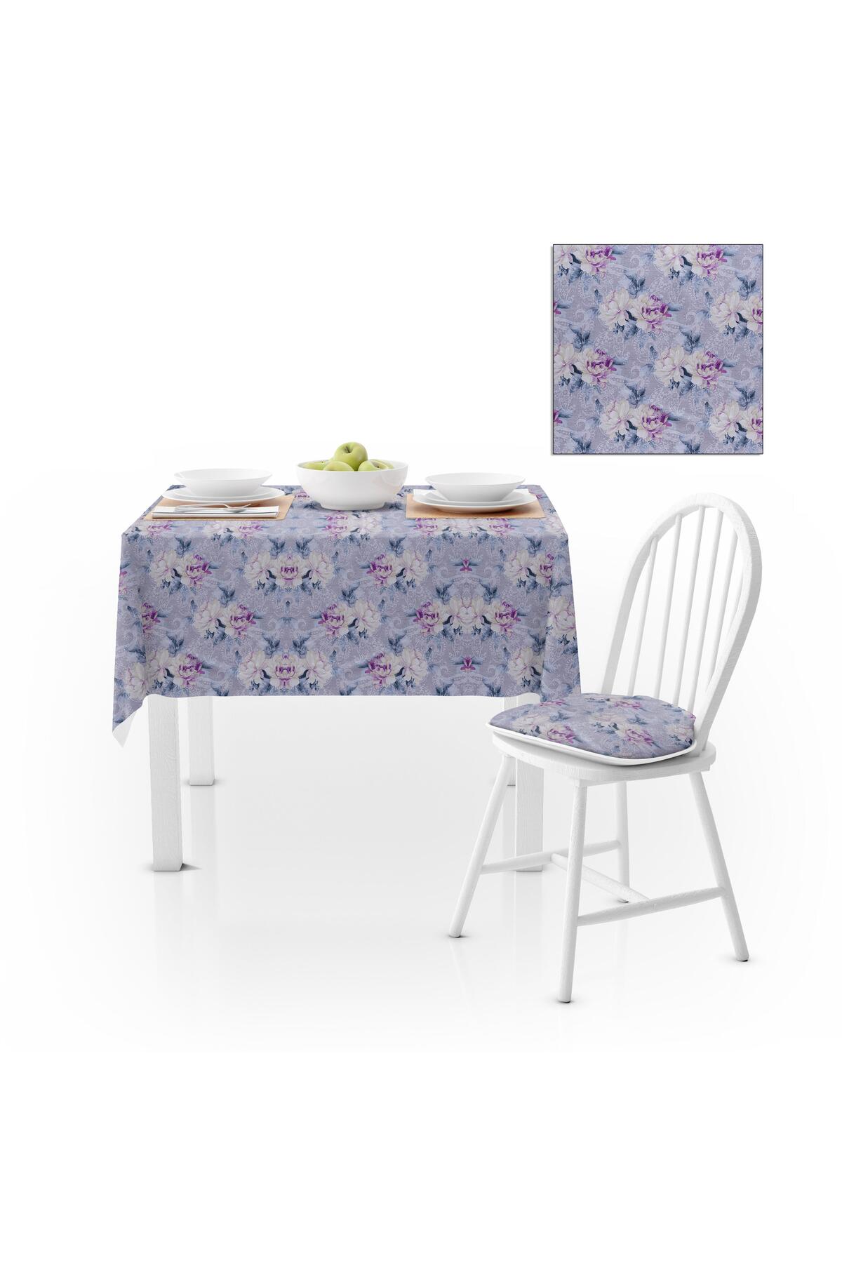 Sarmaşık Desenli Yapraklı Gri Mor Antrasit Kadife Dokulu 180X180 Masa Örtüsü