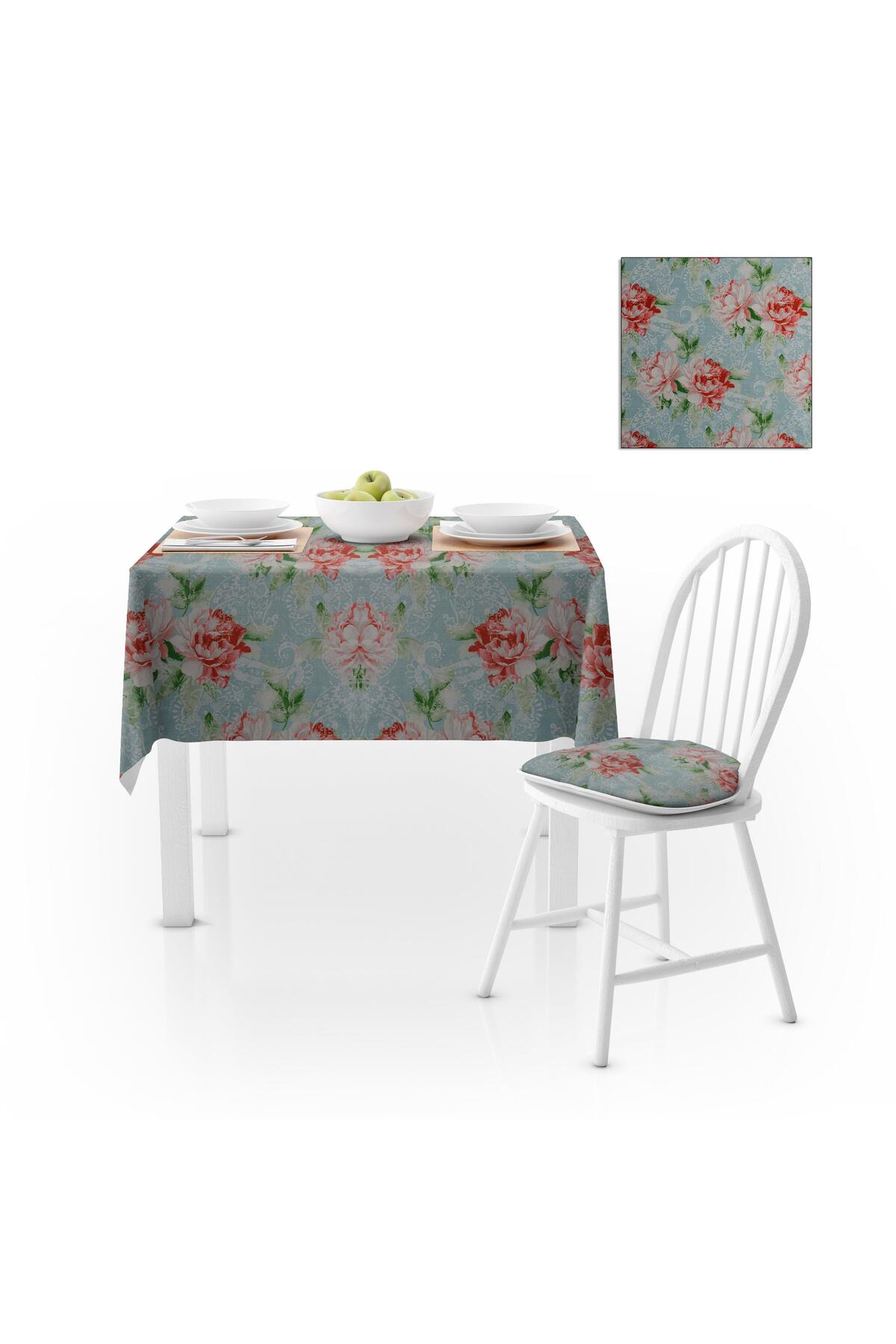 Sarmaşık Gül Desenli Mint Zemin Kiremit Yeşil Dijital Baskılı Petek Dokuma Masa Örtüsü 140x260