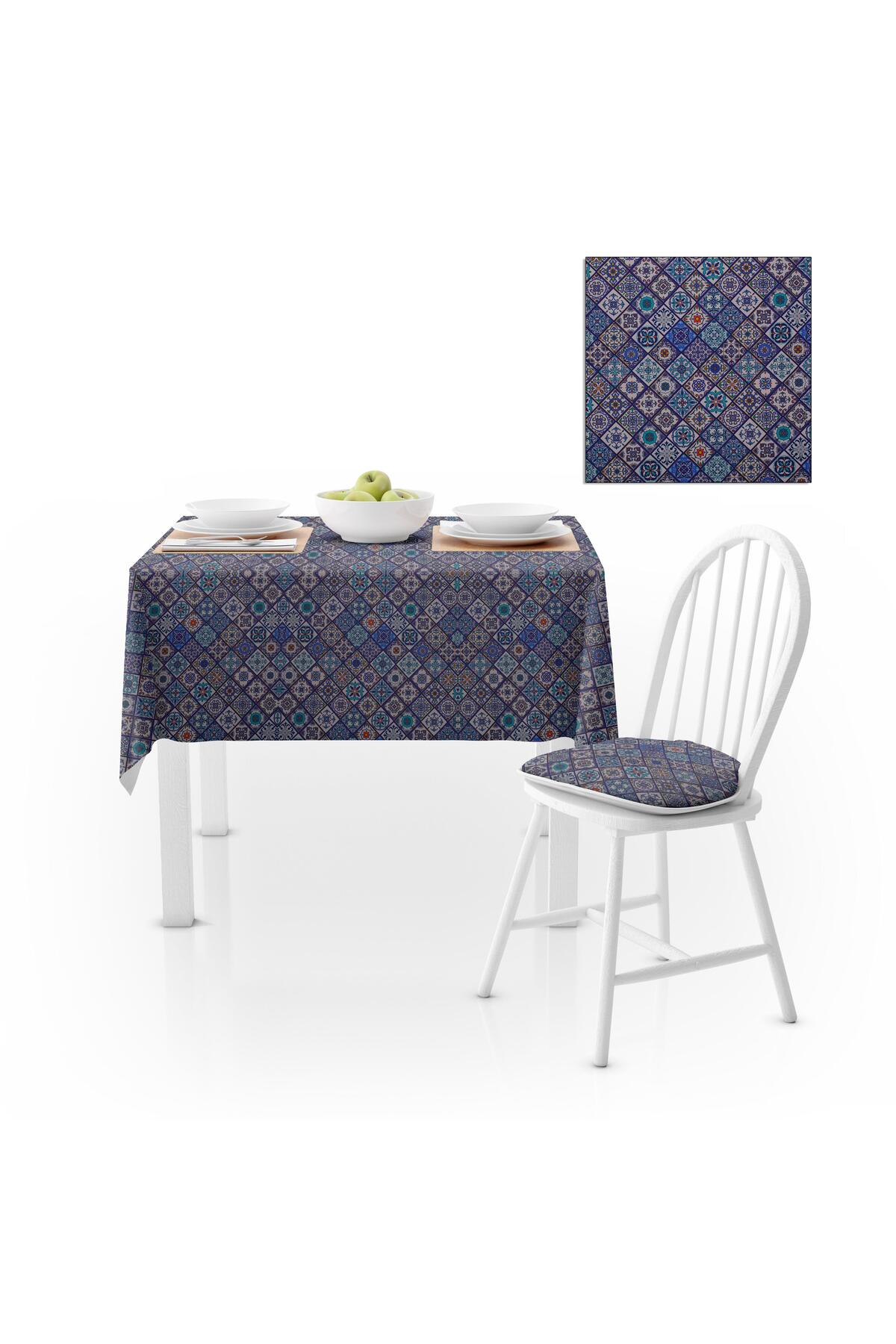 Seramik Desenli Mavi Modern Dijital Baskılı Petek Dokuma Masa Örtüsü 140x140