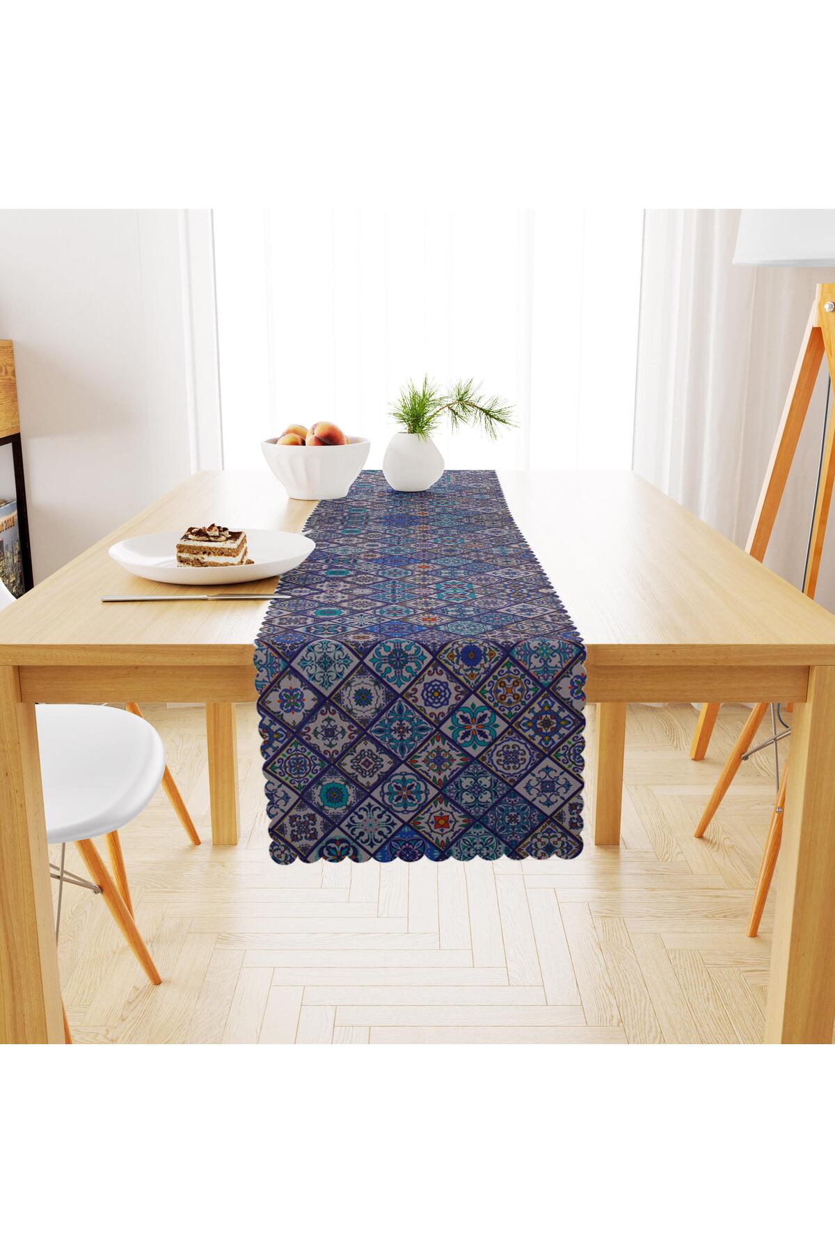 Seramik Desenli Mavi Modern Dijital Baskılı Petek Dokuma Runner 40x140