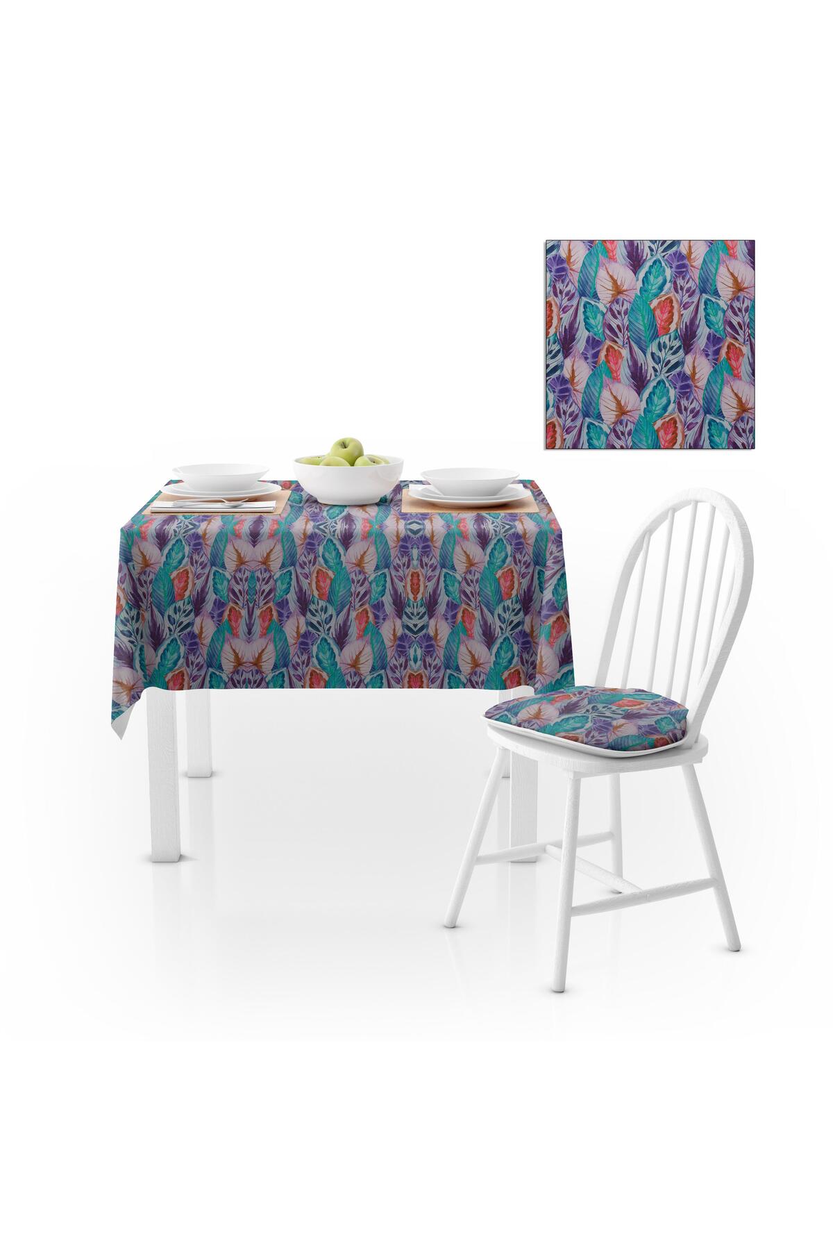 Sıralı Yaprak Desenli Mor Yeşil Dijital Baskılı Petek Dokuma Masa Örtüsü 140x180