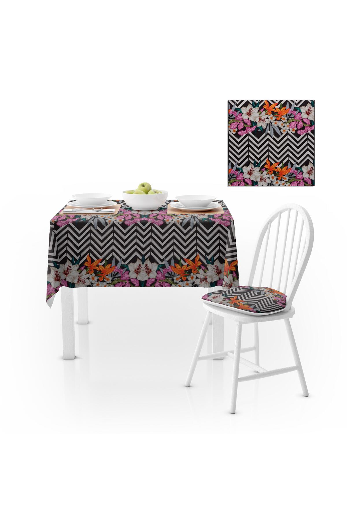 Siyah Beyaz Zigzag Zambak Desenli Turuncu Mürdüm Dijital Baskılı Petek Dokuma Masa Örtüsü 140x180