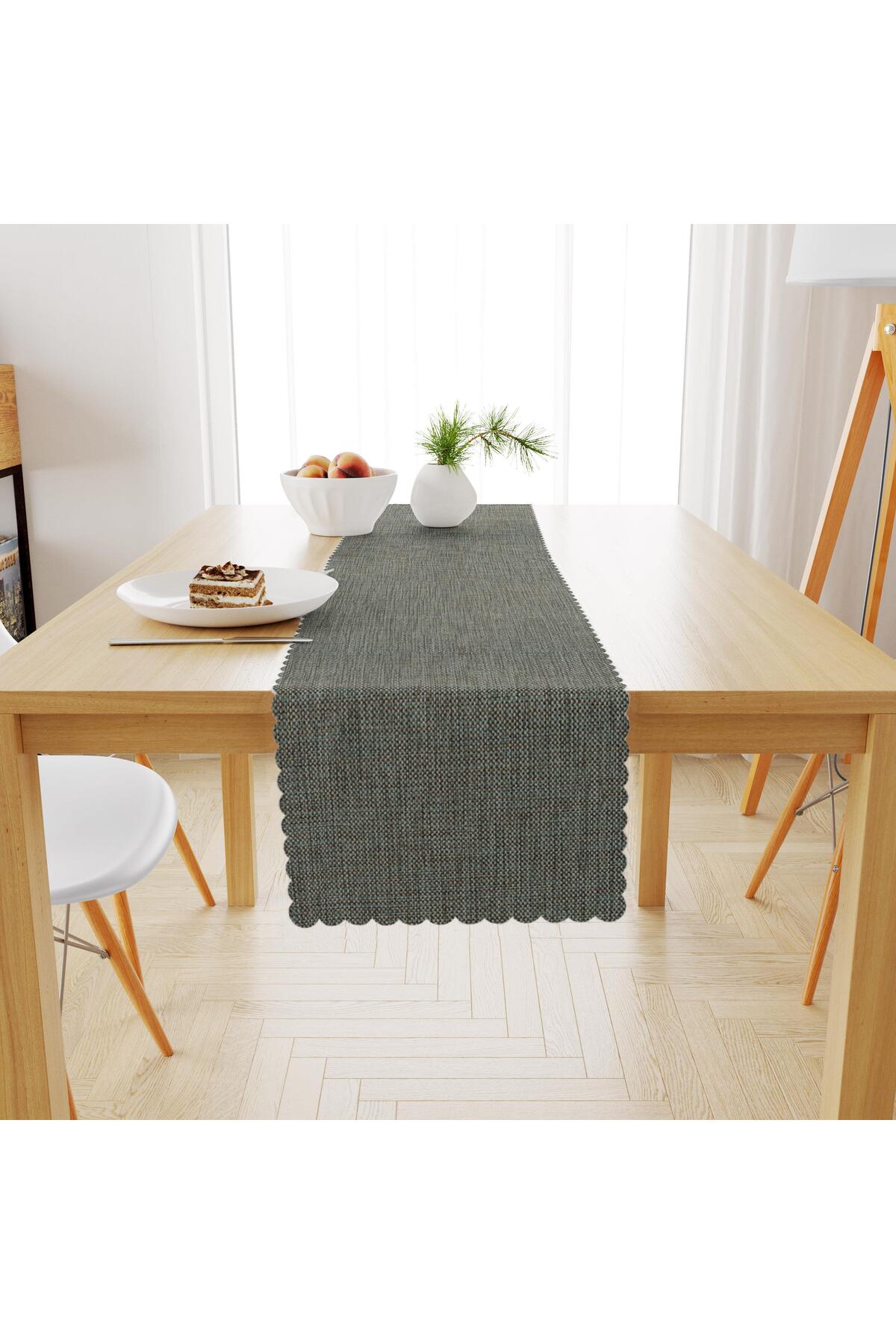 Su Yeşili Kahverengi Keten Dokulu Runner 40x140 -8068-