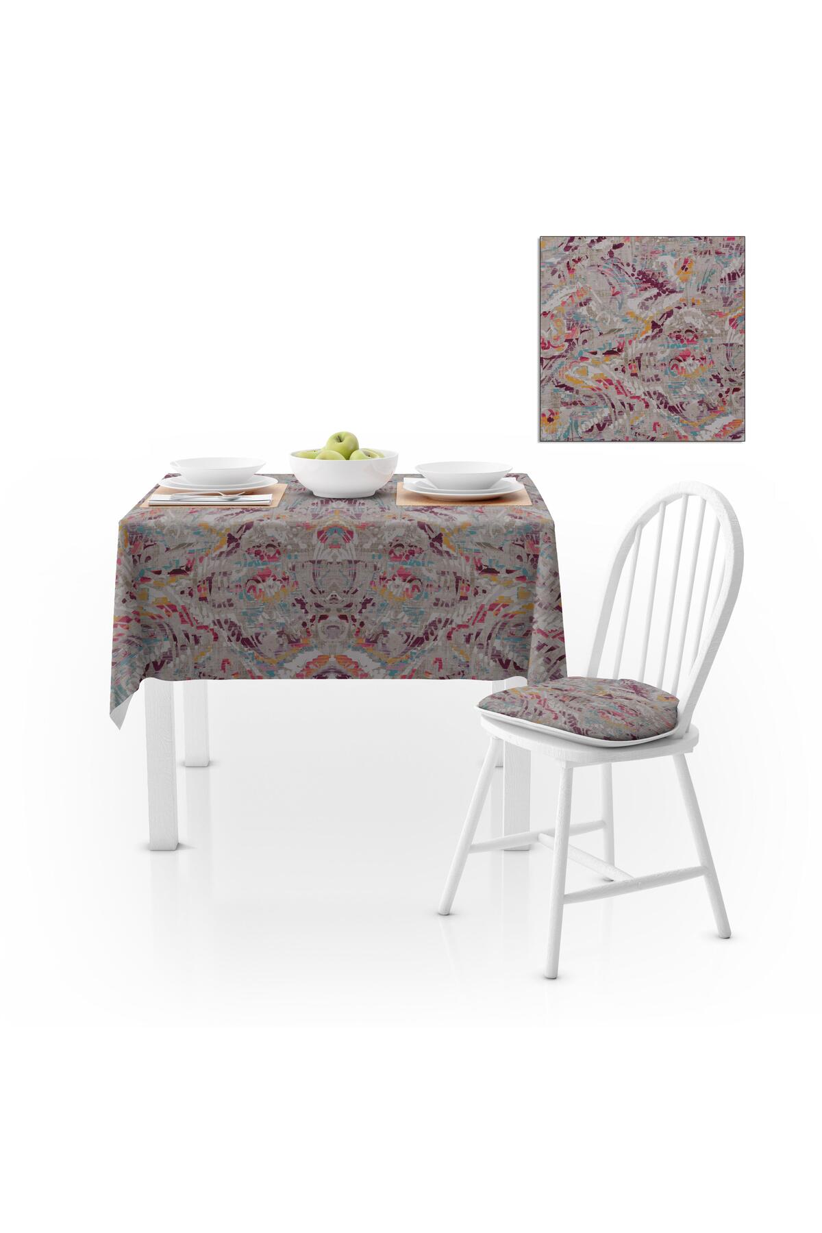 Sulu Boya Desenli Fuşya Mor Dijital Baskılı Petek Dokuma Masa Örtüsü 140x220