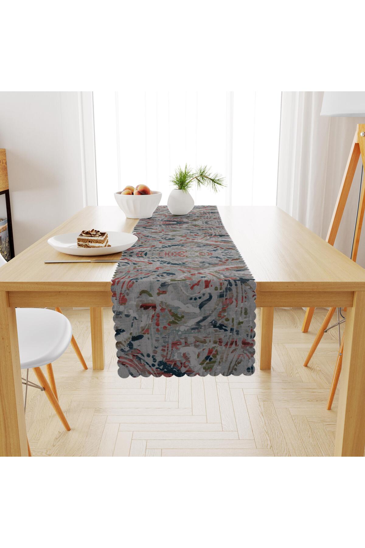 Sulu Boya Desenli Gri Kiremit Dijital Baskılı Petek Dokuma Runner 40x140