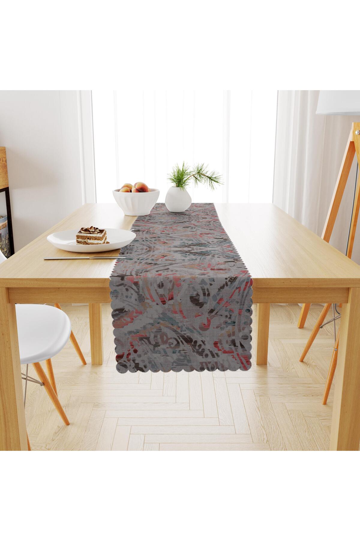 Sulu Boya Desenli Gri Vizon Dijital Baskılı Petek Dokuma Runner 40x140