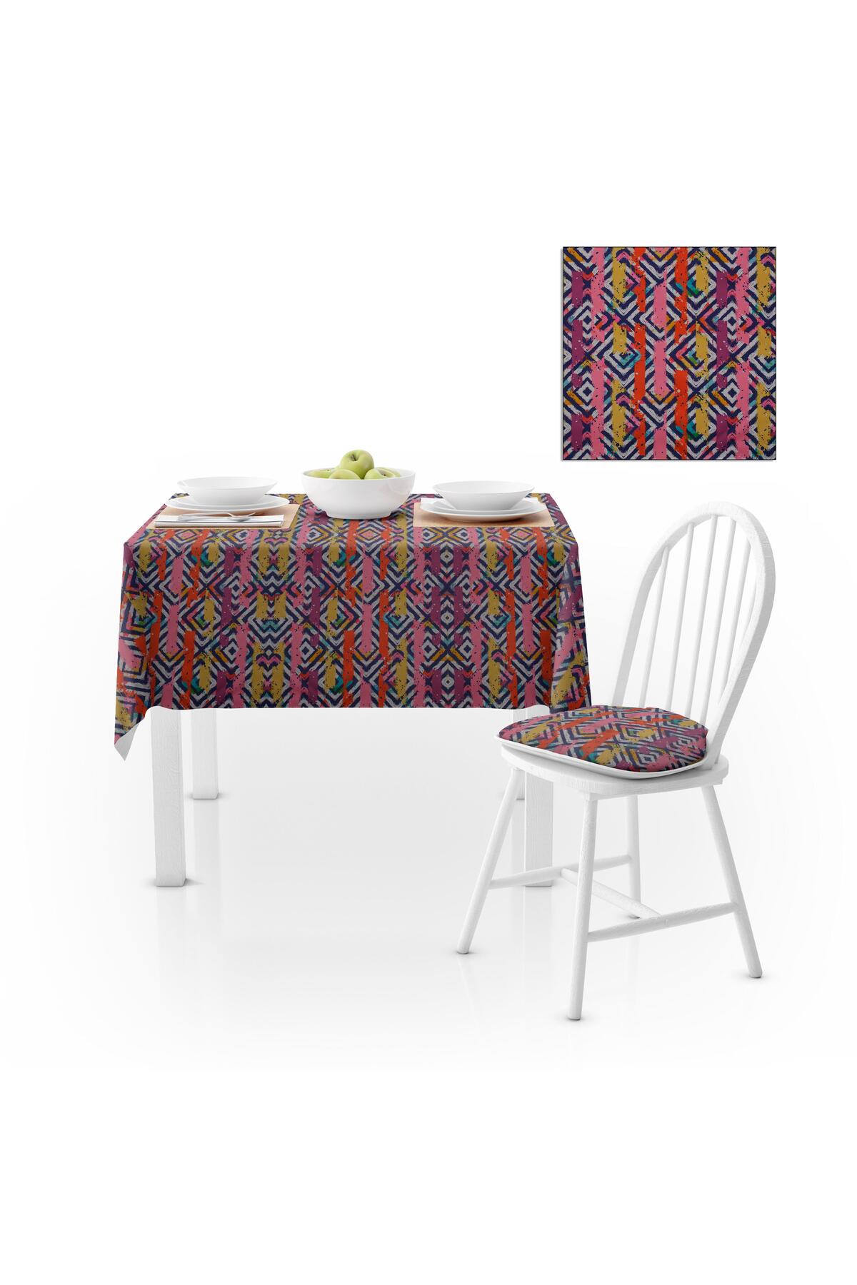 Sulu Boya Desenli Lacivert Çizgili Zemin Sarı Pembe Dijital Baskılı Petek Dokuma Masa Örtüsü 140x220