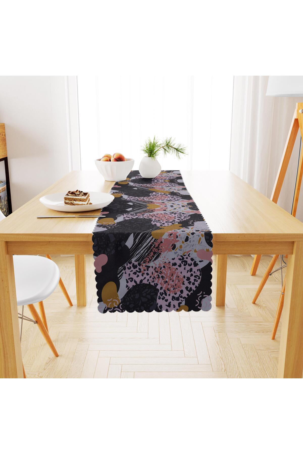 Sulu Boya Desenli Siyah Pembe Dijital Baskılı Petek Dokuma Runner 40x140