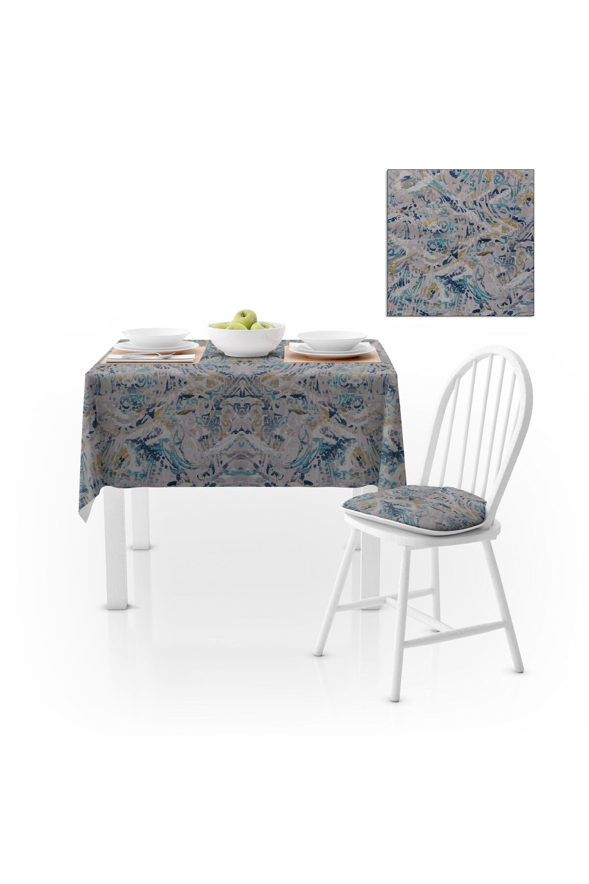Sulu Boya Desenli Turkuaz Lacivert Dijital Baskılı Petek Dokuma Masa Örtüsü 140x140