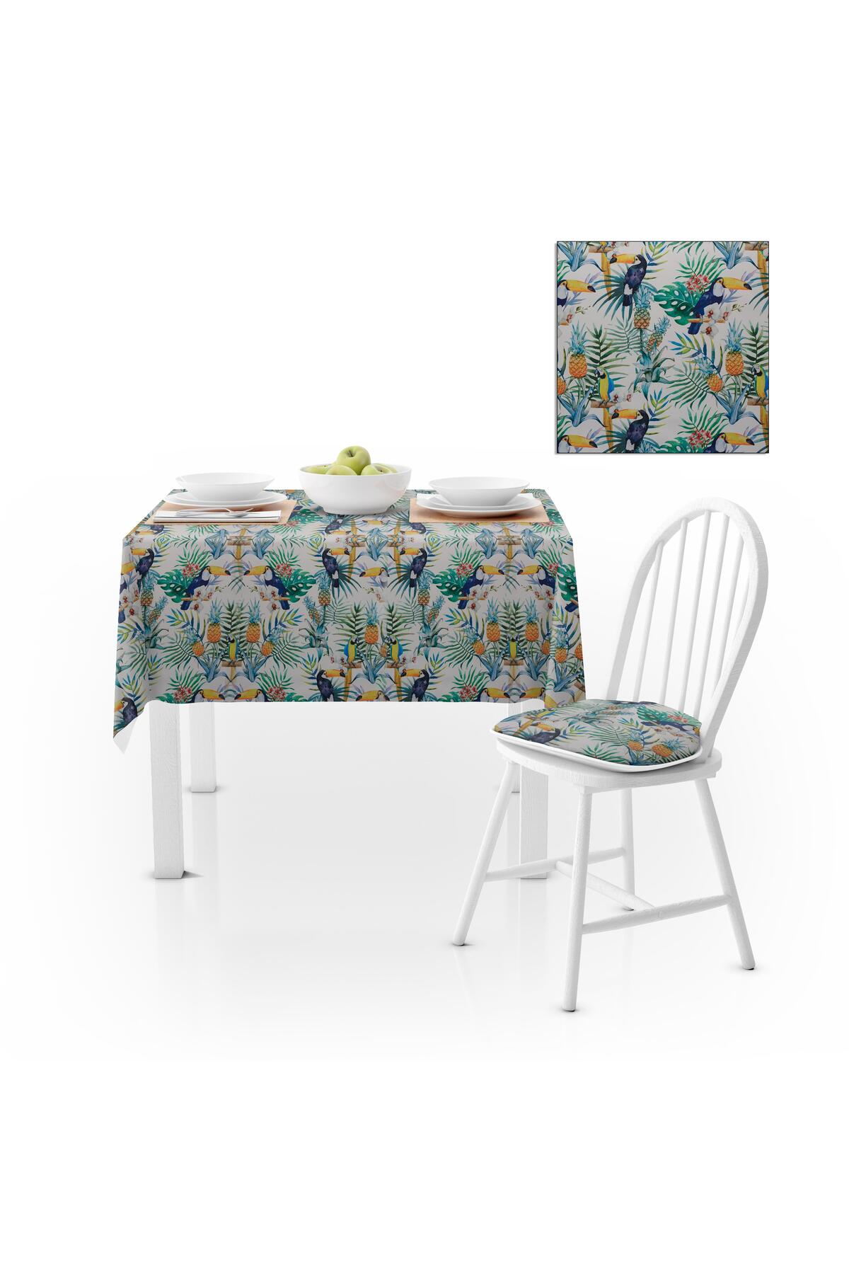 Tropikal Papağan Yaprak Desenli Beyaz Zemin Dijital Baskılı Petek Dokuma Masa Örtüsü 140x220