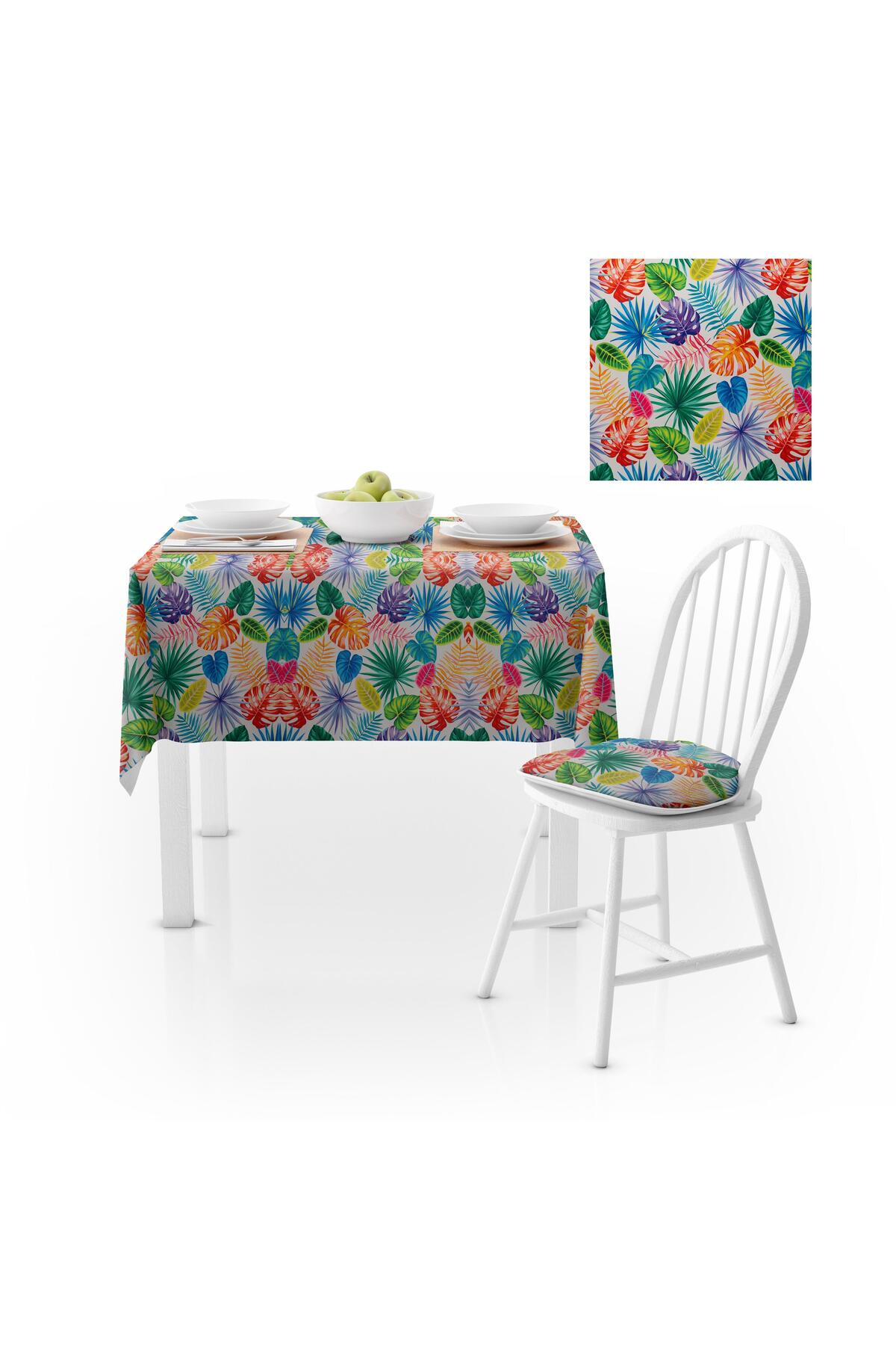 Tropikal Yaprak Desenli Siyah Beyaz Dijital Baskılı Petek Dokuma Masa Örtüsü 140x140