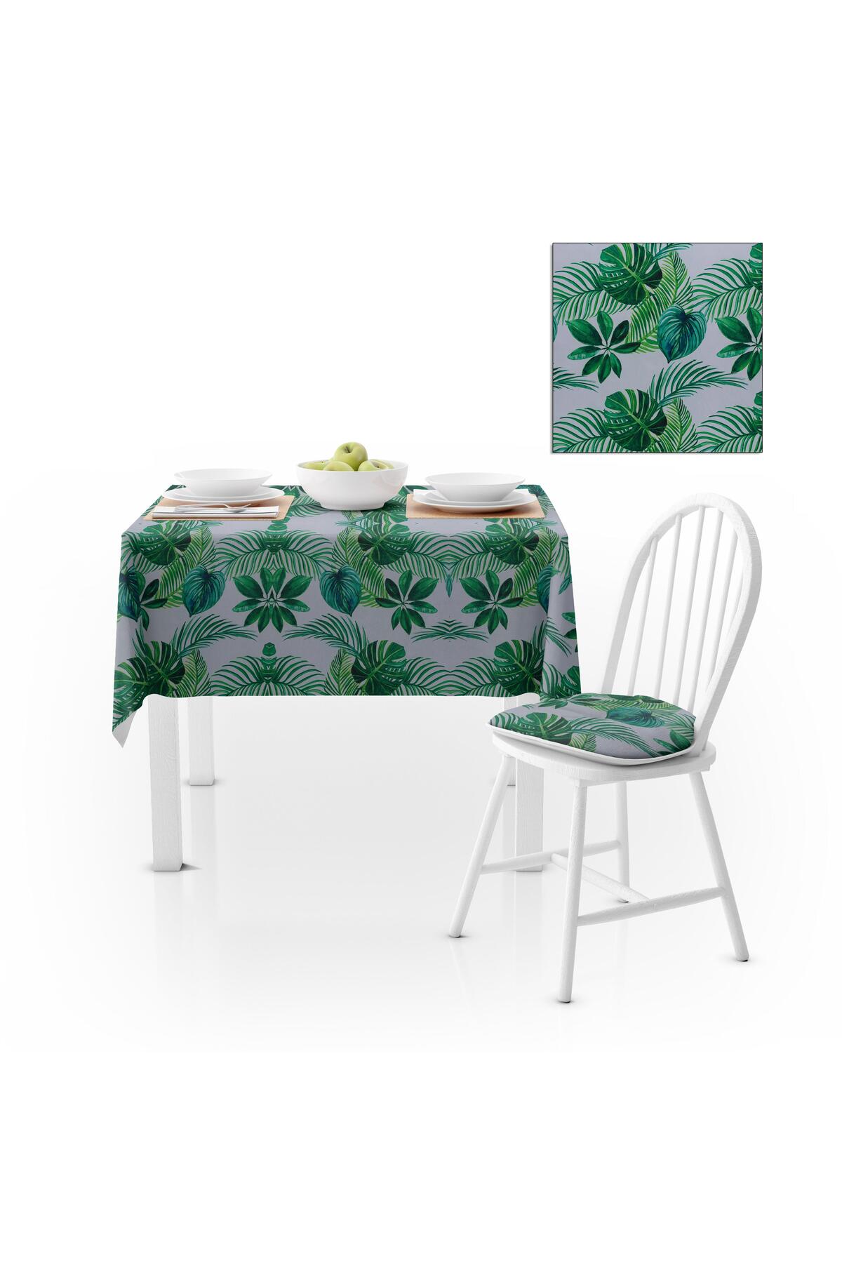 Yaprak Desenli Beyaz Zemin Yeşil Dijital Baskılı Petek Dokuma Masa Örtüsü 140x140