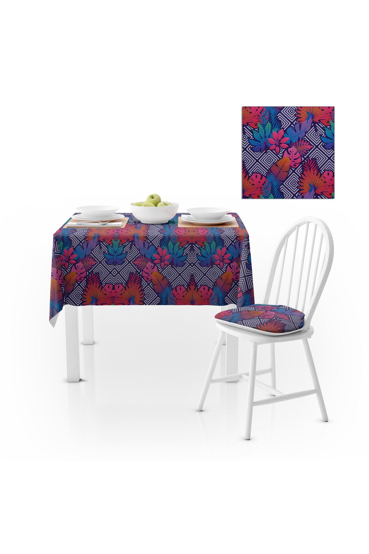 Yaprak Desenli Dekoratif Geometrik Zemin Renkli Dijital Baskılı Petek Dokuma Masa Örtüsü 140x260