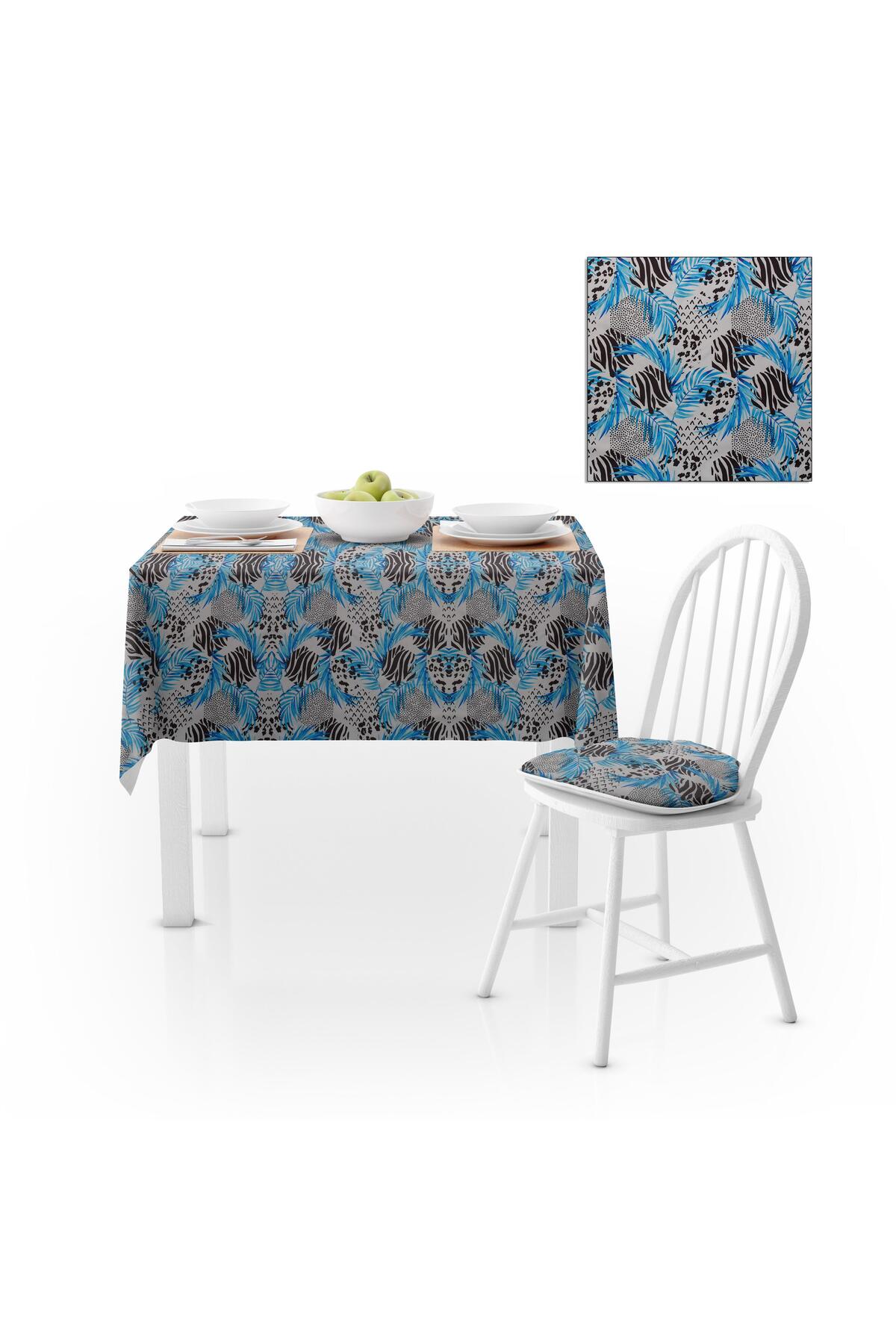Yaprak Desenli Mavi Siyah Beyaz Dijital Baskılı Petek Dokuma Masa Örtüsü 140x260