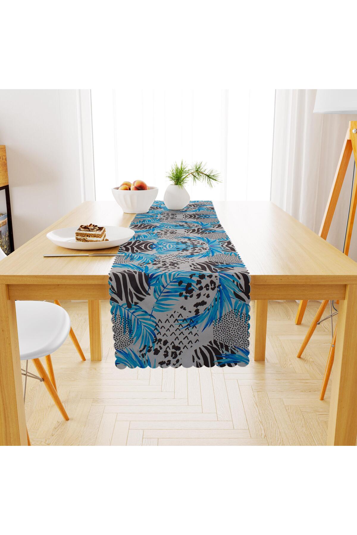 Yaprak Desenli Mavi Siyah Beyaz Dijital Baskılı Petek Dokuma Runner 40x140