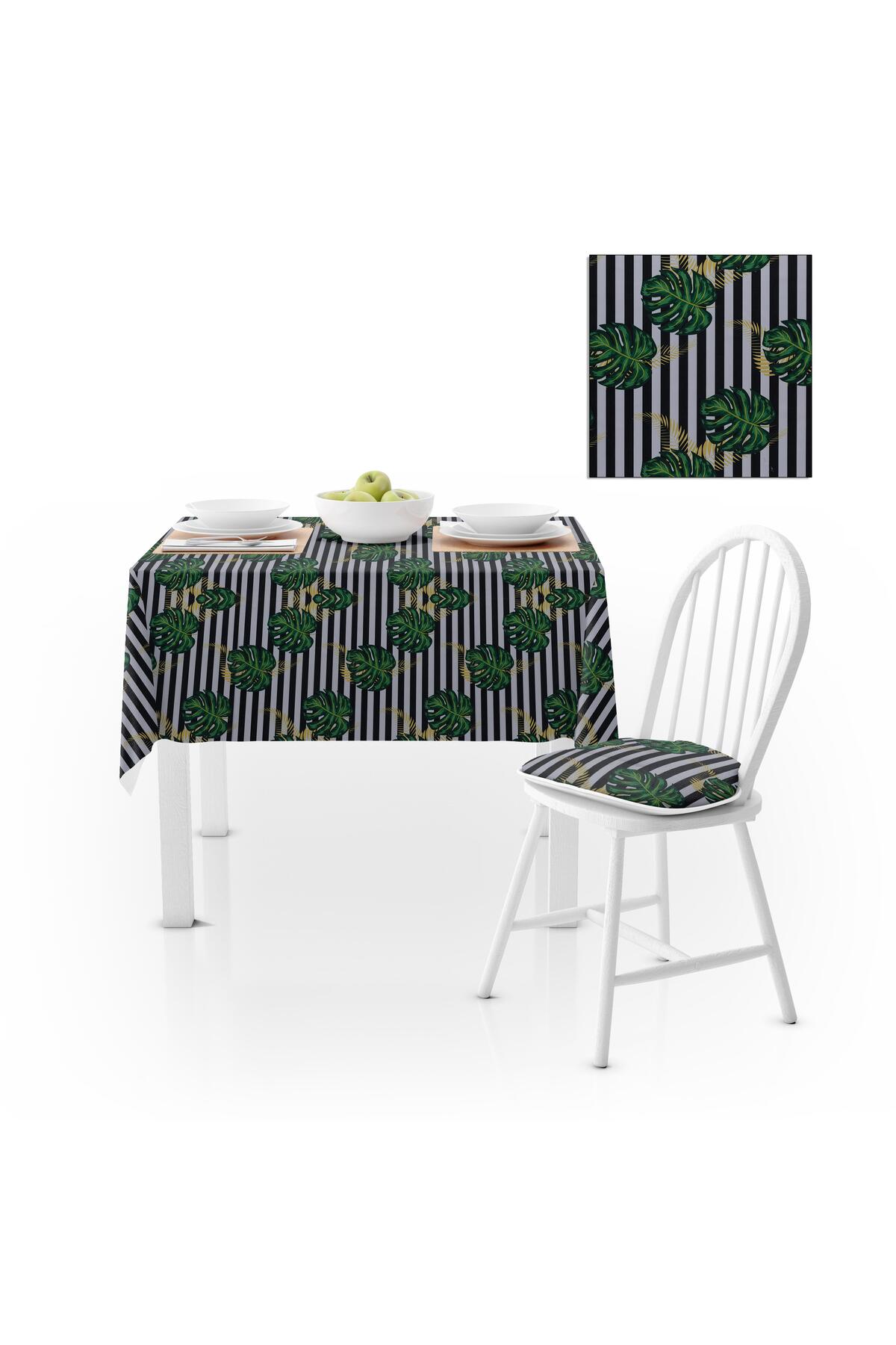 Yaprak Desenli  Siyah Beyaz Çizgili Dijital Baskılı Petek Dokuma Masa Örtüsü 140x180