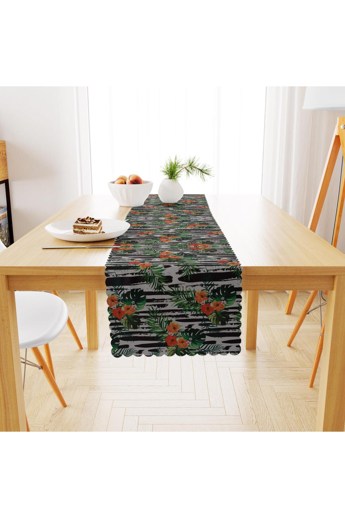 Yaprak Desenli Siyah Beyaz Zemin Turuncu Yeşil Dijital Baskılı Petek Dokuma Runner 40x140