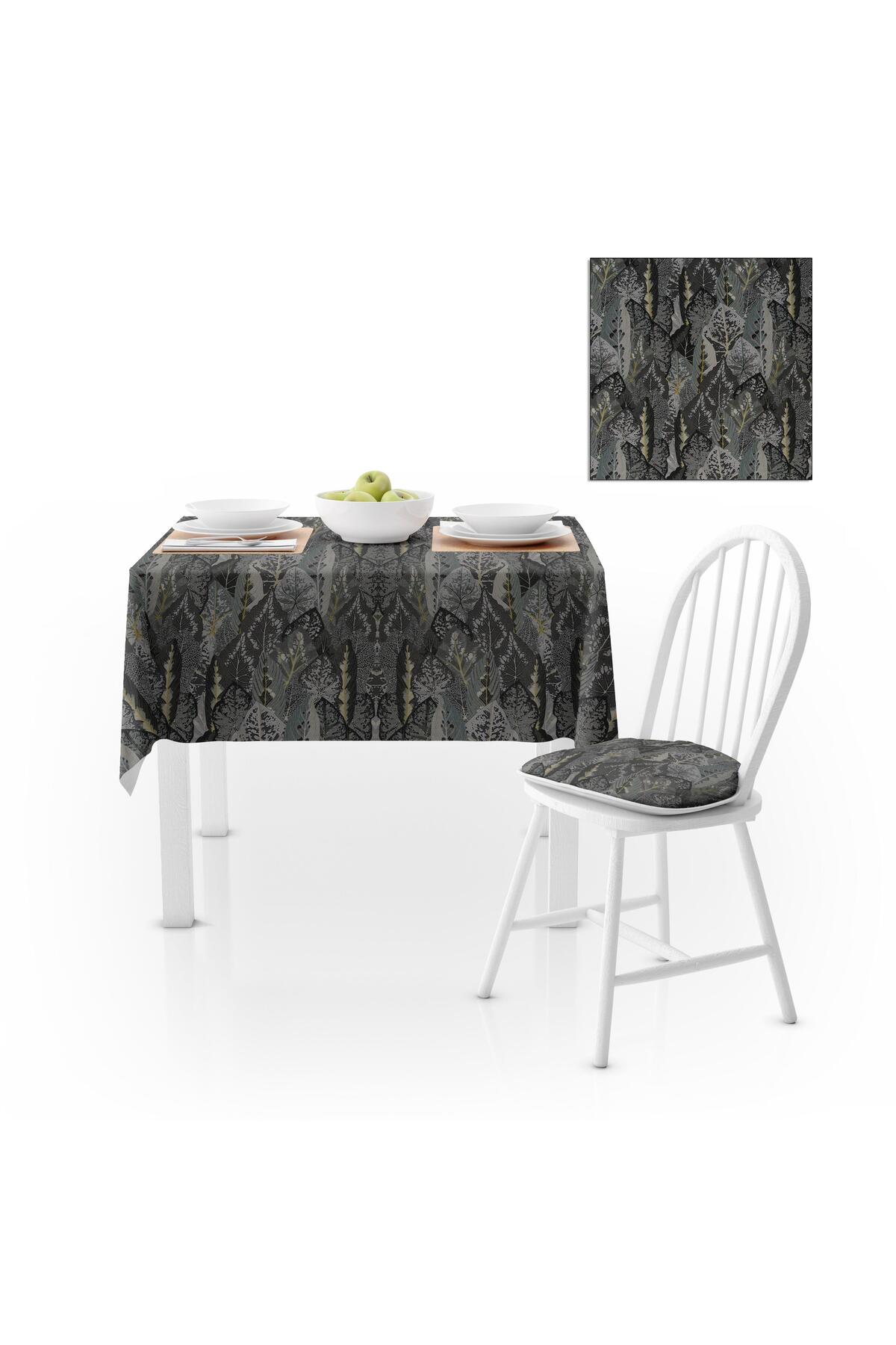 Yaprak Desenli Siyah Gri Dijital Baskılı Petek Dokuma Masa Örtüsü 140x140