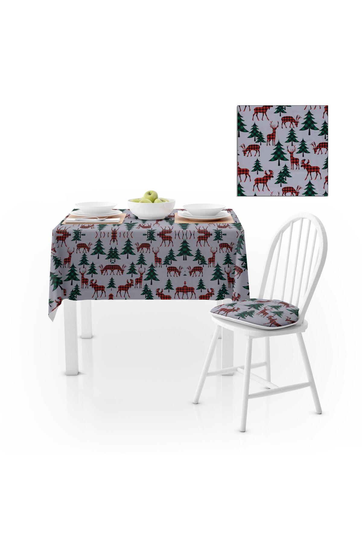 Yılbaşı Ağacı Geyik Desenli Beyaz Zemin Dijital Baskılı Petek Dokuma Masa Örtüsü 140x260
