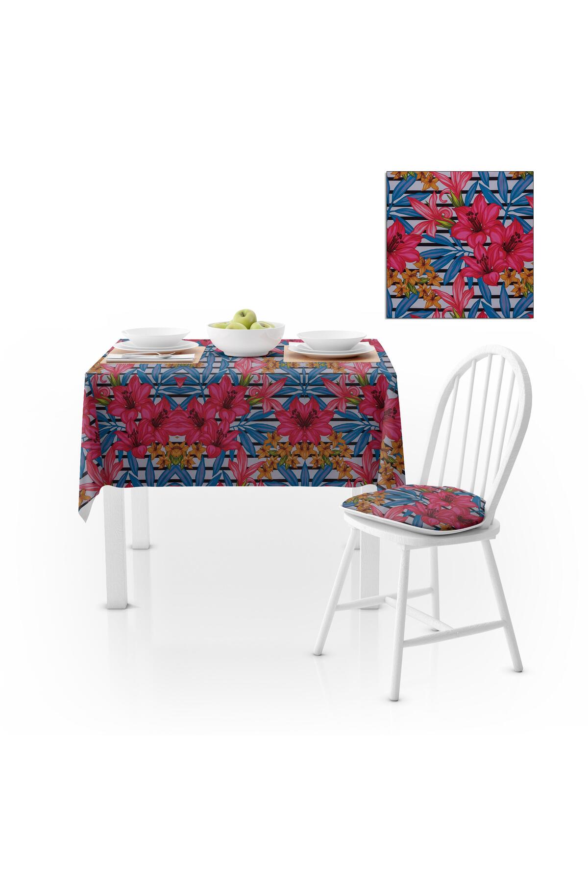 Zambak Desenli Mavi Kırmızı Dijital Baskılı Petek Dokuma Masa Örtüsü 140x180