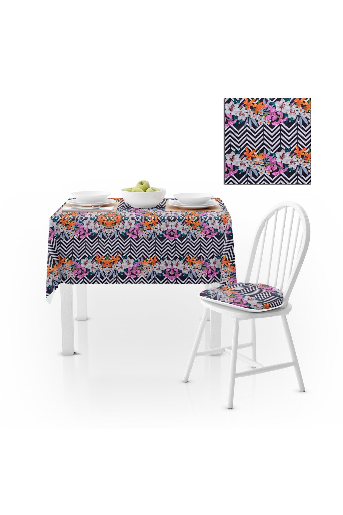 Zambak Desenli Zigzag Siyah Beyaz Kadife Dokulu 120X180 Masa Örtüsü