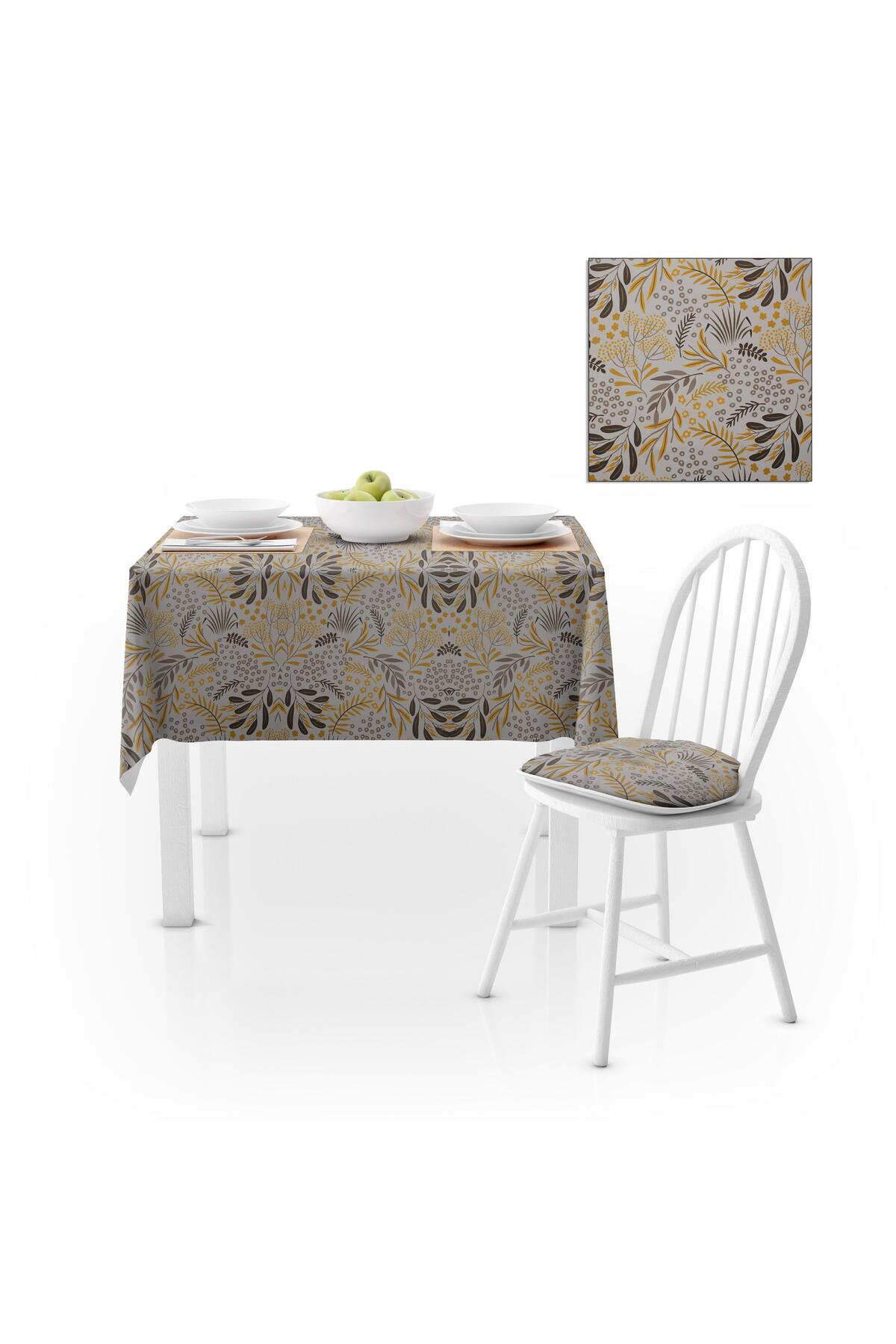Zeytin Dalı Desenli Sarı Gri Dijital Baskılı Petek Dokuma Masa Örtüsü 140x260