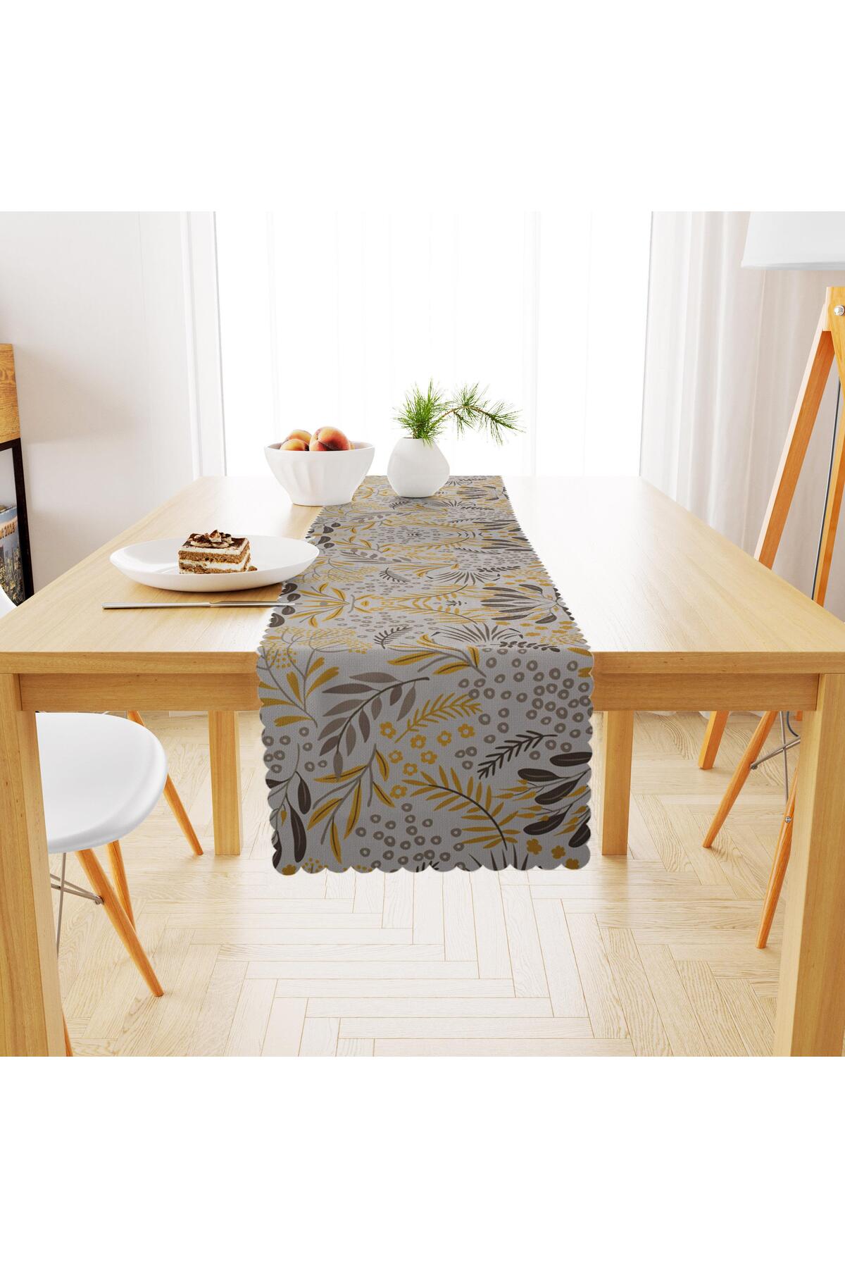 Zeytin Dalı Desenli Sarı Gri Dijital Baskılı Petek Dokuma Runner 40x140